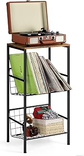Record Player Stand 3 Tier Metal Turntable Stand with Record Storage Small Vinyl Record Player Table Hold up to 90 Albums for Living Room Bedroom Office, Brown