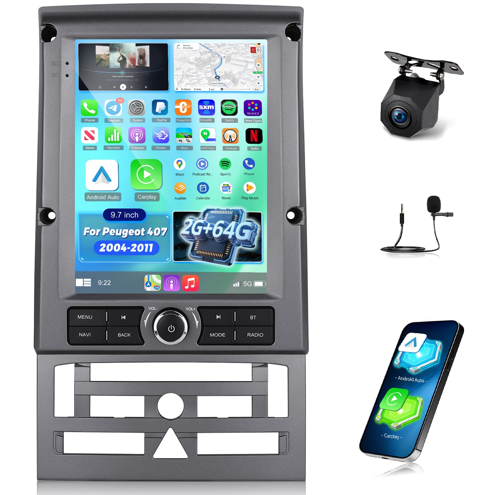 Radio samochodowe 2G + 64G Android do Peugeot 407 2004-2011,9 cala ekran dotykowy stereo, bezprzewodowe Carplay i Android Auto/GPS/WiFi/Bluetooth/EQ/FM RDS, radio