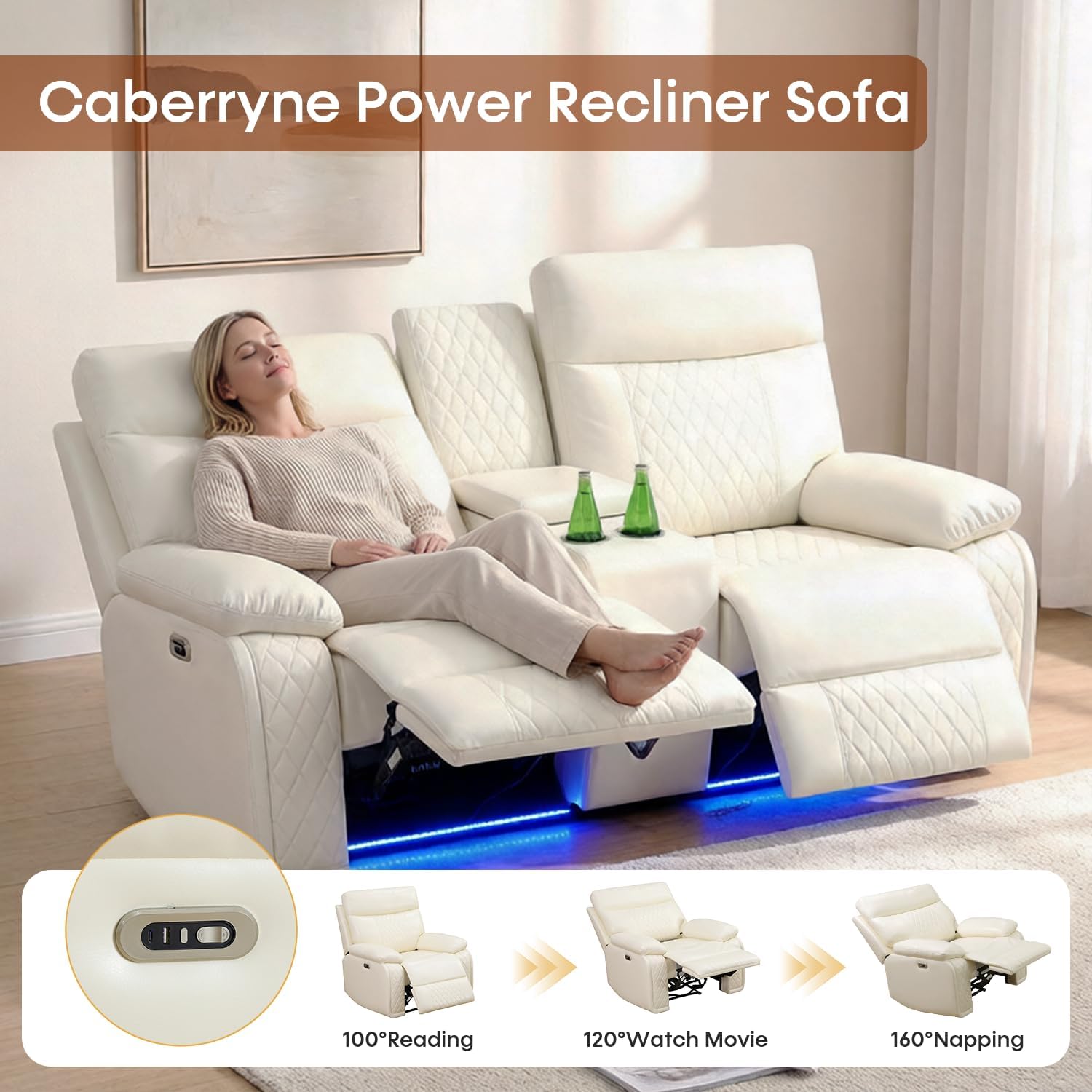 Power Recliner Sofa Set with 4 Recliners, Leather Reclining Sofa for Living Room Furniture Set, Electric Loveseat and Chair with Storage Console,Cup Holders for Home/Office(Creamy)