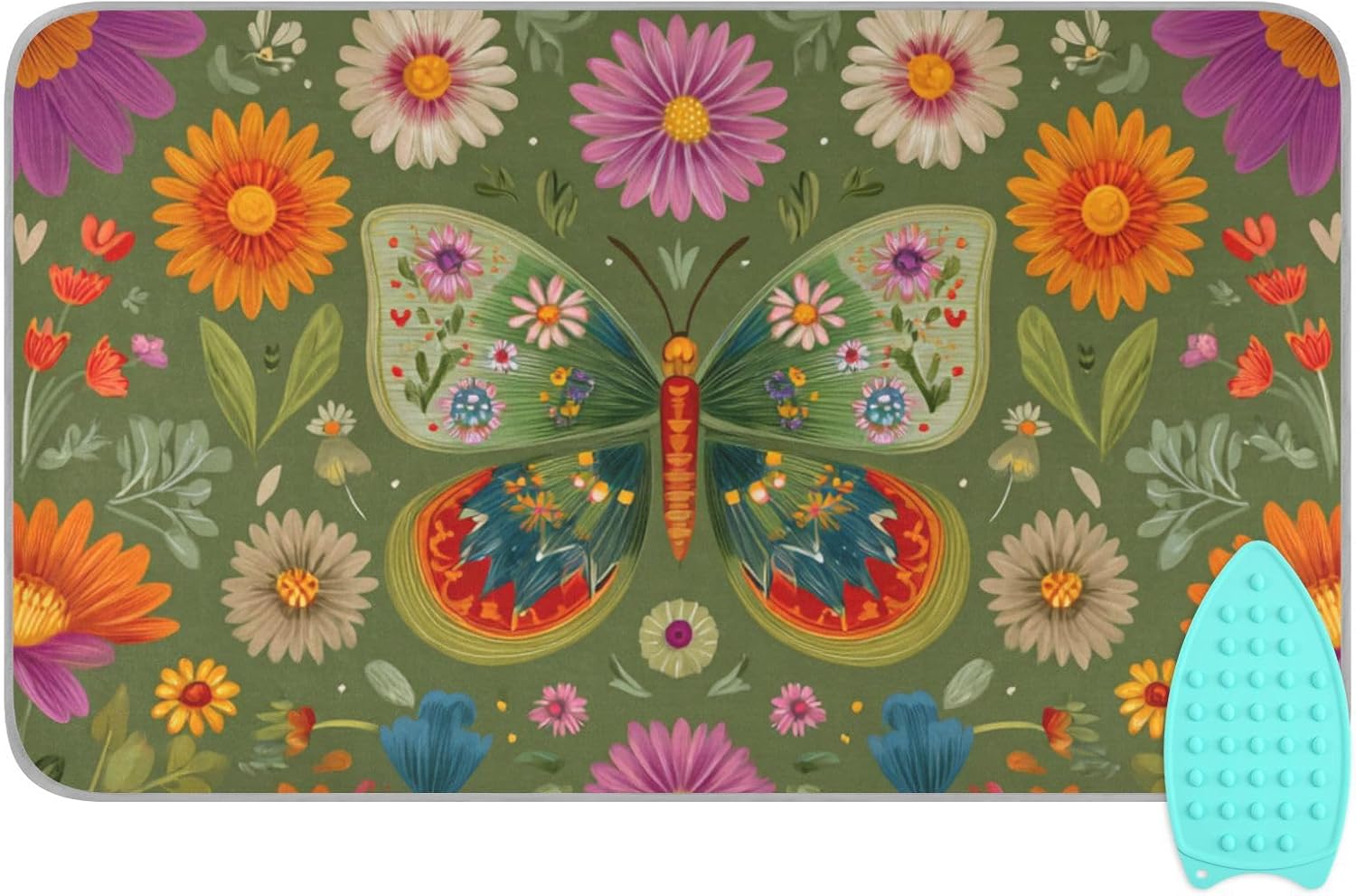 Green Flower Butterfly Ironing Mat Thickened Ironing Blanket Travel Portable Double-Side Using Ironing Pad Travel Isolate Heat Pad Cover for Washer Dryer Table Top Countertop 27.6x47.2in