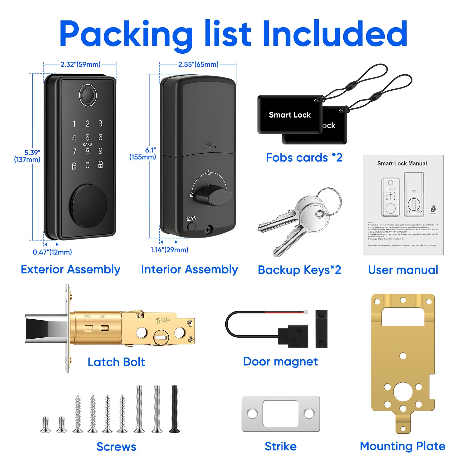 MYPIN Smart Door Lock mit Touchscreen-Tastatur, Elektronisches Türschloss, Fingerabdruck-Smart-Lock，Türöffner per App, Fingerprint, Code, Schlüssel, Karte, Apple Watch | Steuerung per App, Touch-Tastatur, kompatibel mit Apple Watch | Öffnung mit 1 Taste |