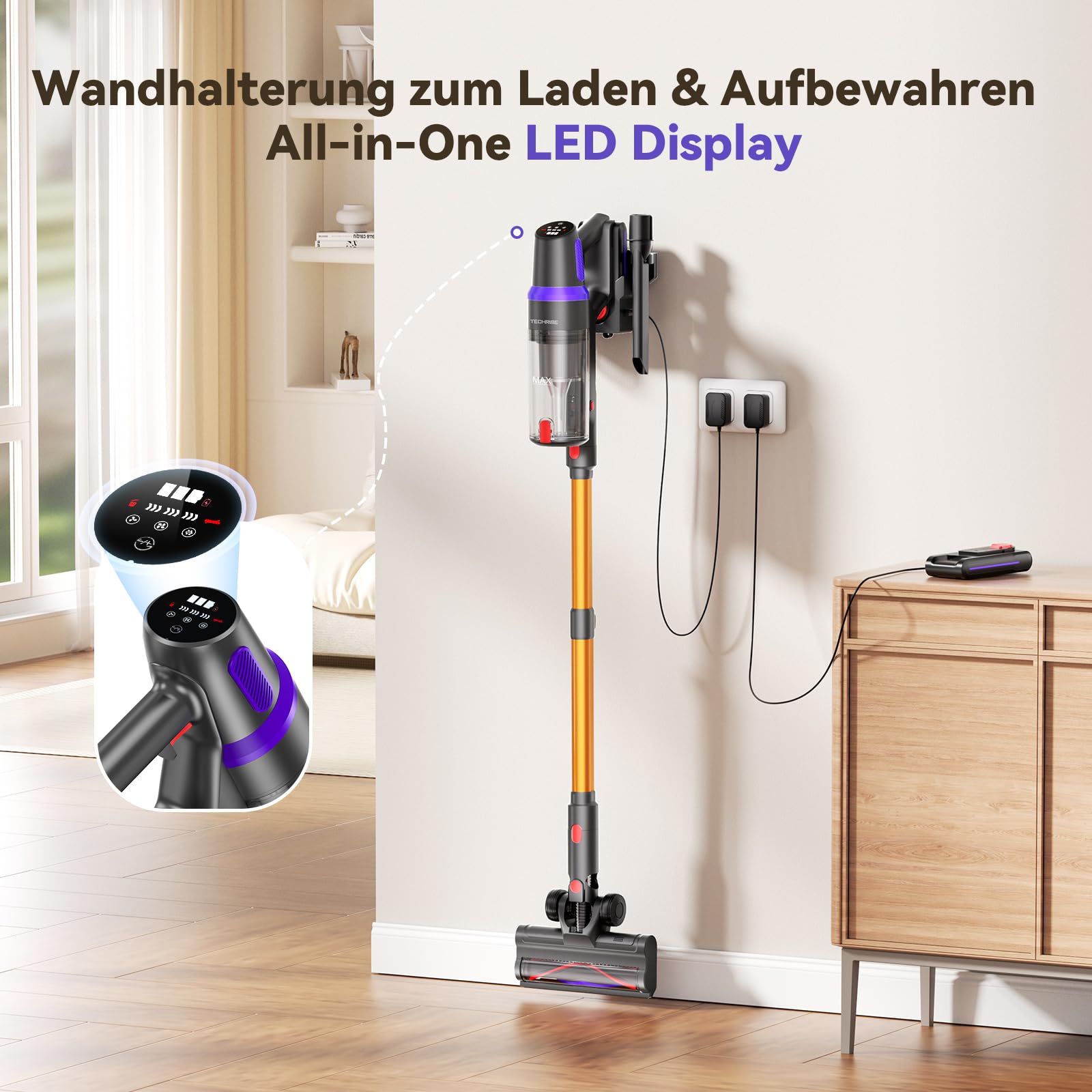 TechRise 8-in-1-Funktion Akku Staubsauger 45000Pa/500W/60Min, Display | Anti-Tangle-Bürste, Staubsauger Kabellos mit Display, Stielstaubsauger für Zuhause, Tierhaare/Teppiche/Hartböden