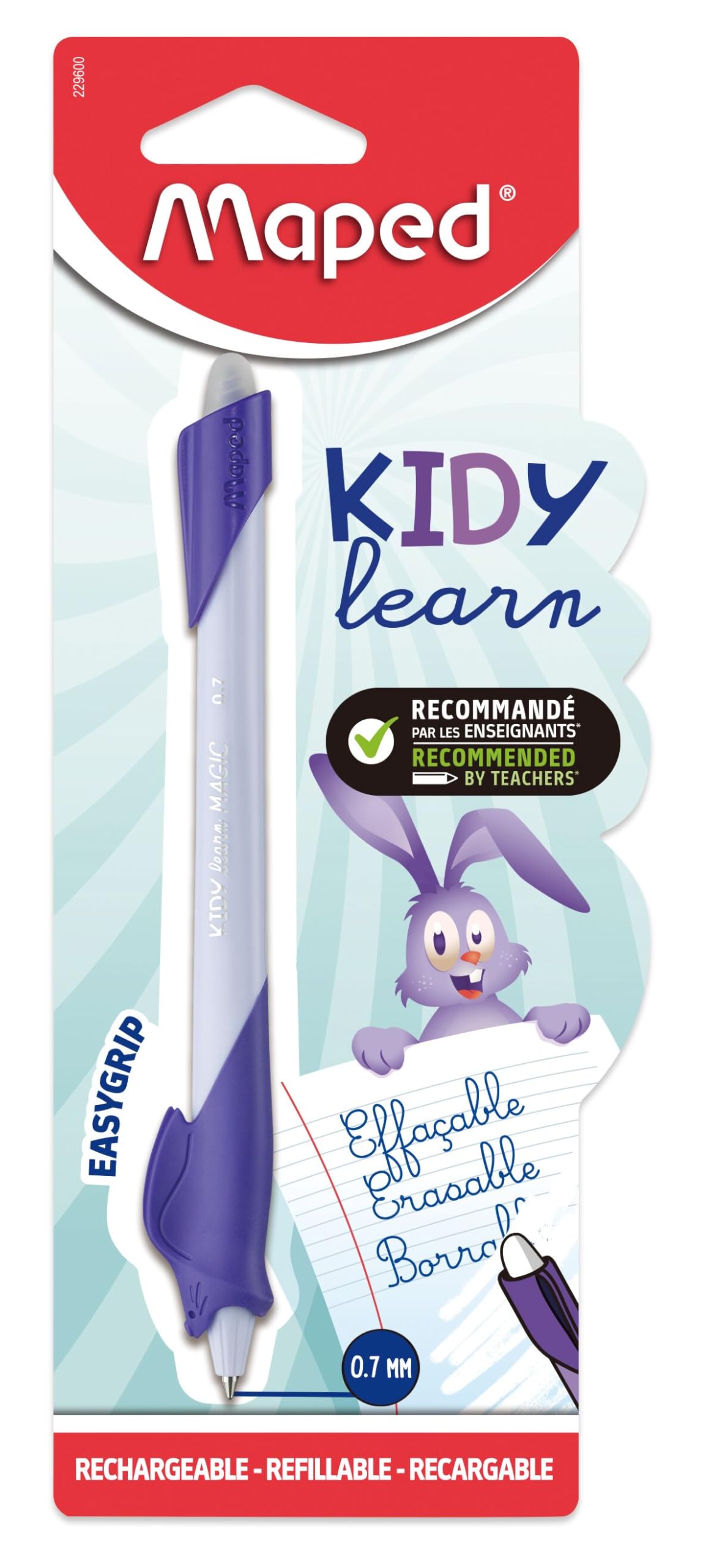 Maped - Kidy Learn Erasable Pen - Children's Rabbit Animal Pen with Built-in Eraser, Refillable and Ergonomic - School Supplies for Learning to Write - Back to School Accessory