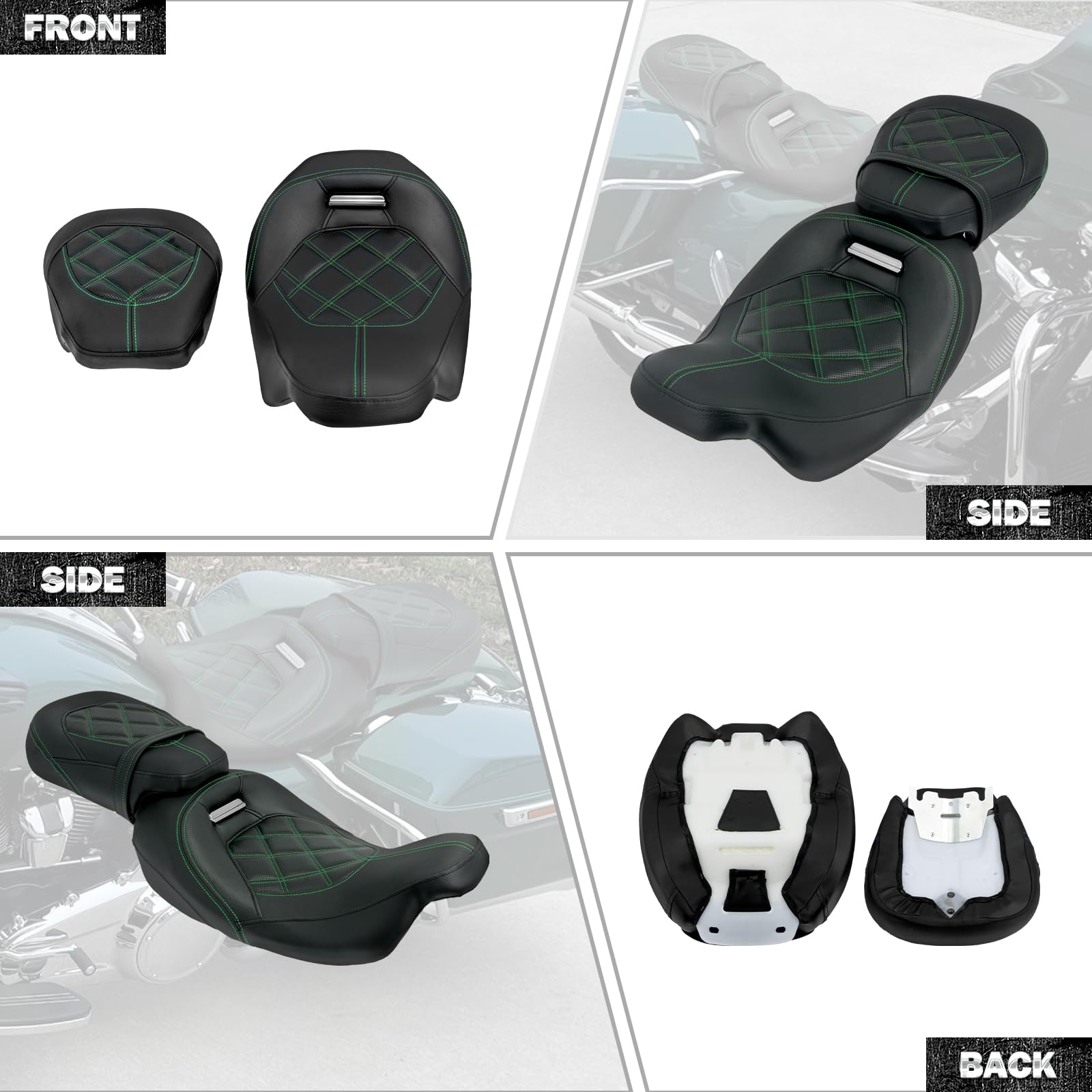 Niskoprofilowy zestaw siodełka pasażera pasuje do Harley Touring Road King FLHR Street Glide FLHX Road Glide FLTRX CVO Street Glide FLHXSE Electra Glide 2009-Później (zielone szwy)
