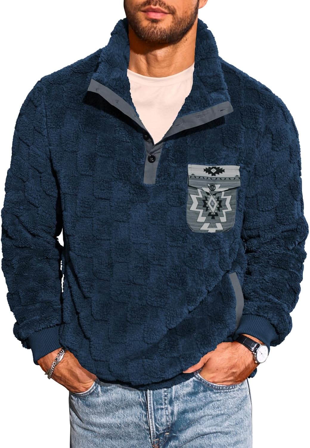 Yousify Mens Fuzzy Sherpa Sweatshirt Flannel Fleece Pullover Jacket Casual Quarter Button Aztec Coat Western Sweaters