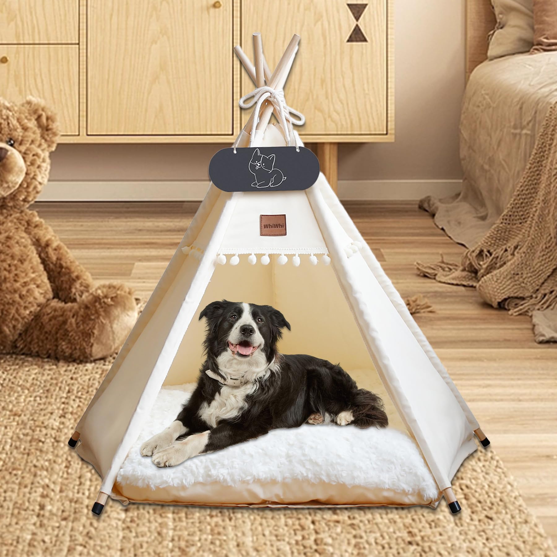 CLS Little Dove tipi-tent voor honden, huis en tent met kant voor hond of huisdier, afneembaar en wasbaar, met matras, wit