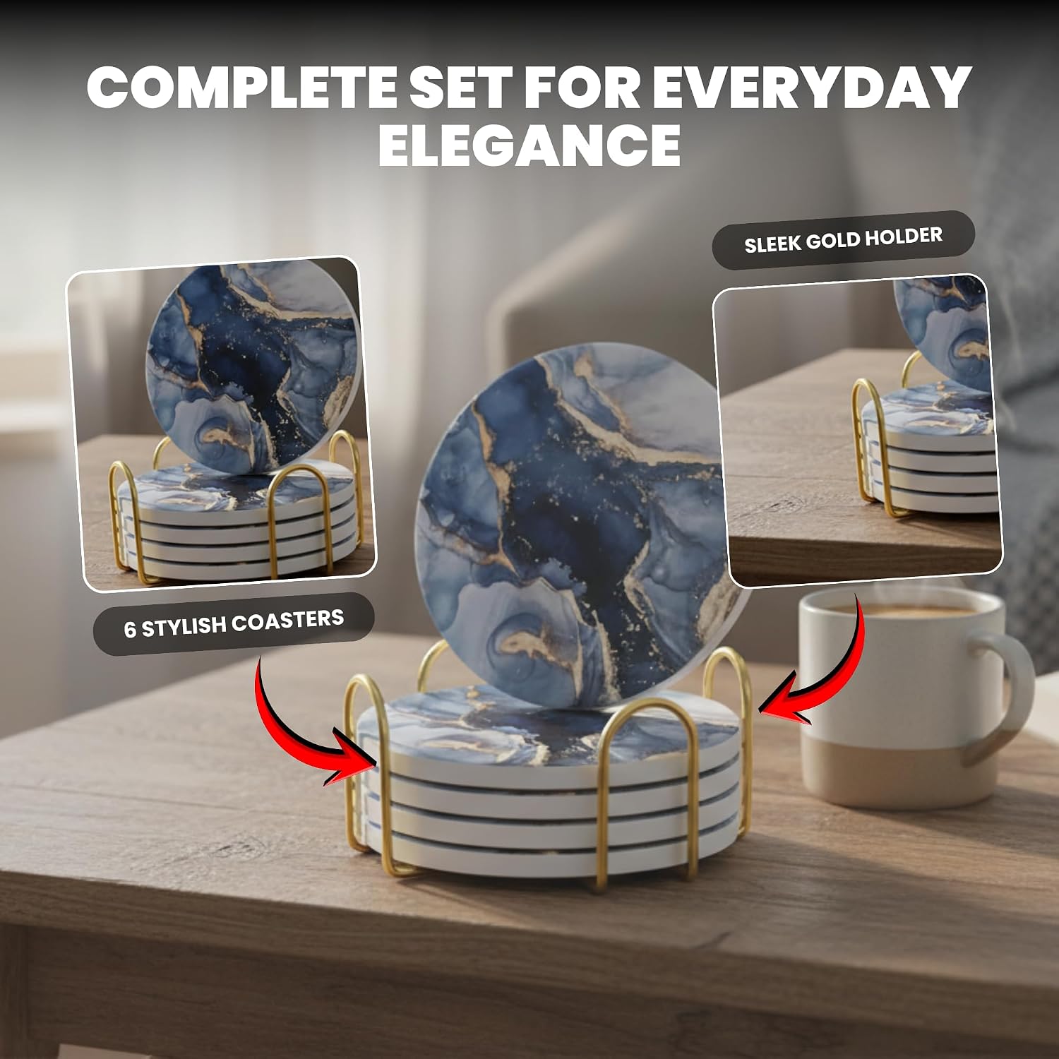 6 Pcs Navy Blue Marble Abstract Ceramic Coasters with Holder – Premium Drink Coasters, 600g Elegant Modern Design for Home, Office, Bar & Dining Table Protection
