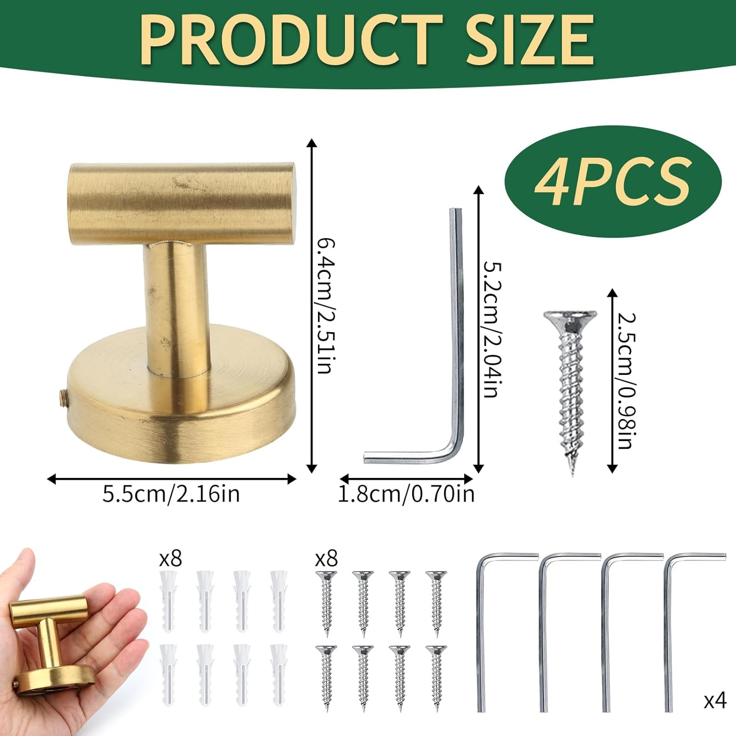 4 Pack Gold Towel Hooks, Stainless Steel Heavy Duty Door Hanger Towel Robe Clothes Cabinet Wall for Hanging Towels Coats Bags Umbrellas for Bathroom Bedroom Kitchen Hotel（2.16×2.51‘’）