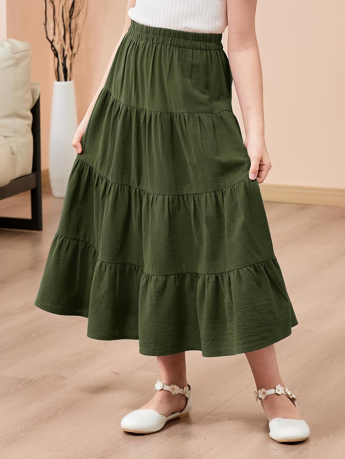 GORLYA Girls Casual Vintage Solid Elastic High Waist Tiered Hem Long Swing Linen Maxi Skirt for 4-14T - Image 3