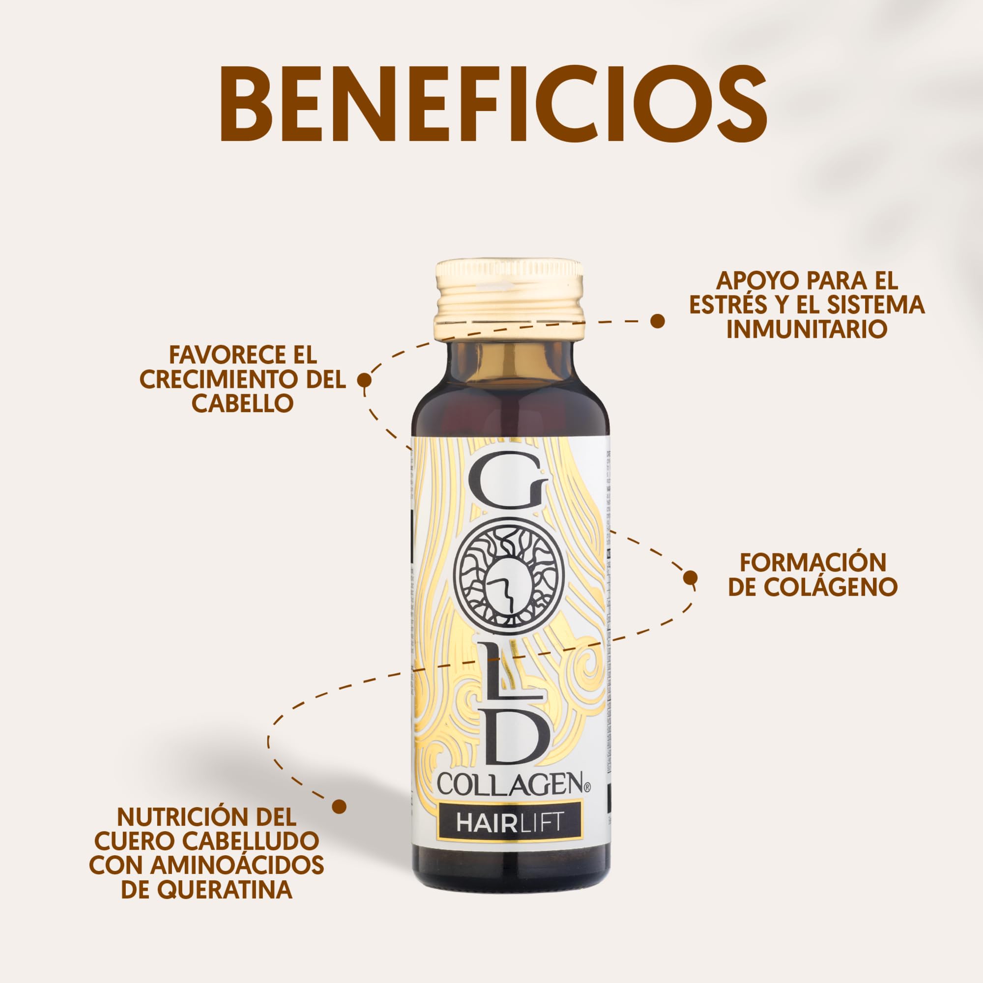 GOLD COLLAGEN Hairlift - Complemento Líquido Colágeno Marino Hidrolizado con Ácido Hialurónico, Biotina para el Cabello, Vitamina C B6, Zinc, Keratina, Fortalece Cabello Piel y Uñas 10 Botellitas 50ml