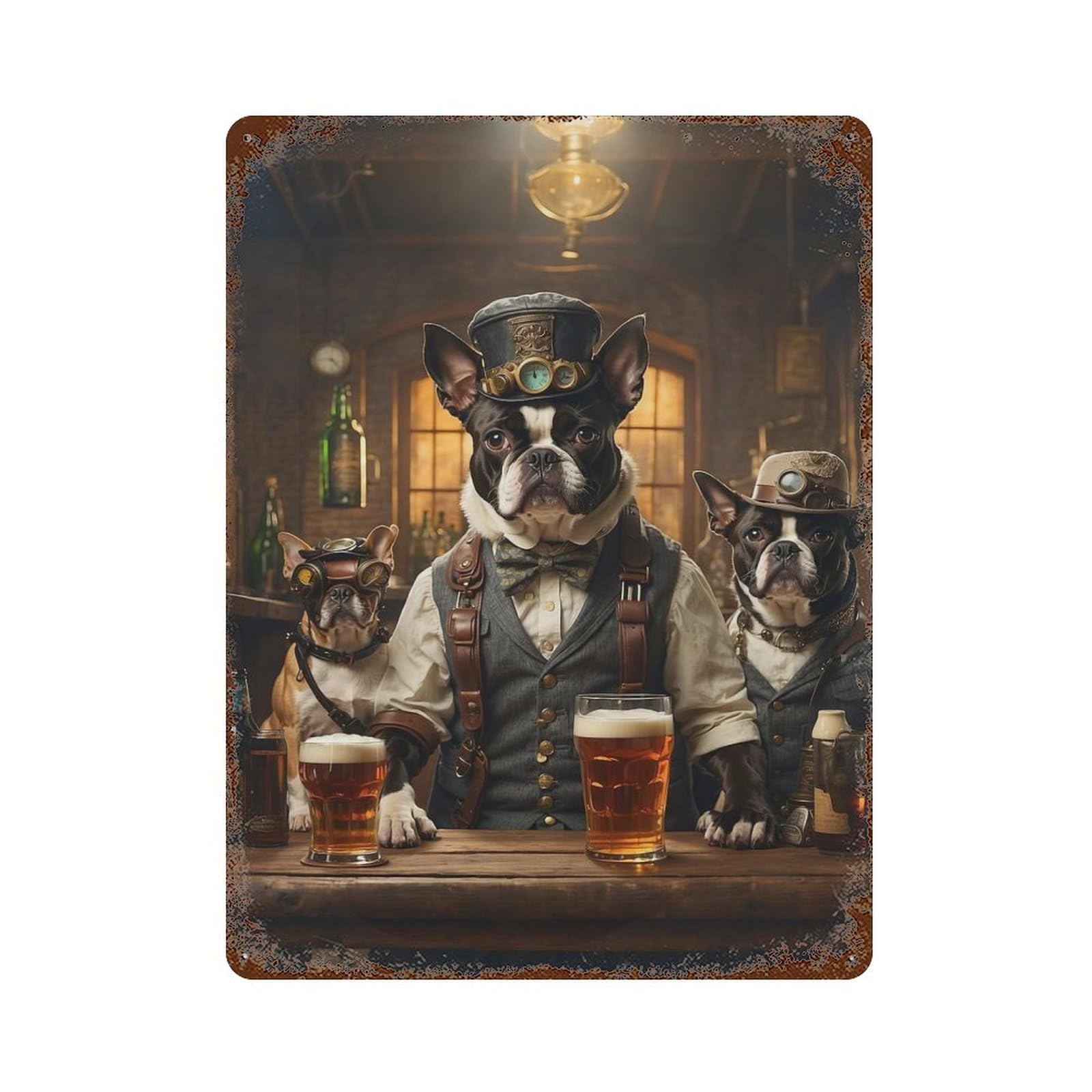 Boston Terrier Beer Dogs Rustic Tin Plaque 15.7"x11.8", Ideal for Cafe, Home Bar And Lounge Decor