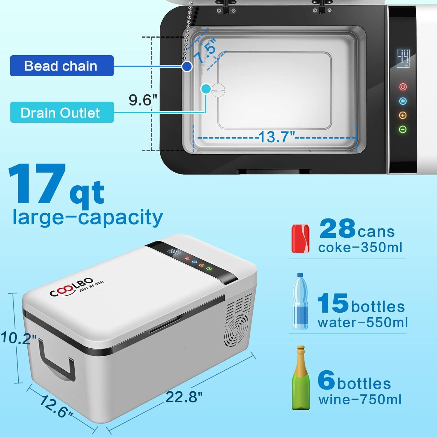 COOLBO Recommended 17 Quart Portable Compressor Car Fridge Portable Cooler Freezer 12 Volt. -20-10, 12/24V DC RV Car Refrigerators, Touch Screen, For Truck, Outdoor, Camping, Vehicles, Travel, and Home & Car Use : Automotive