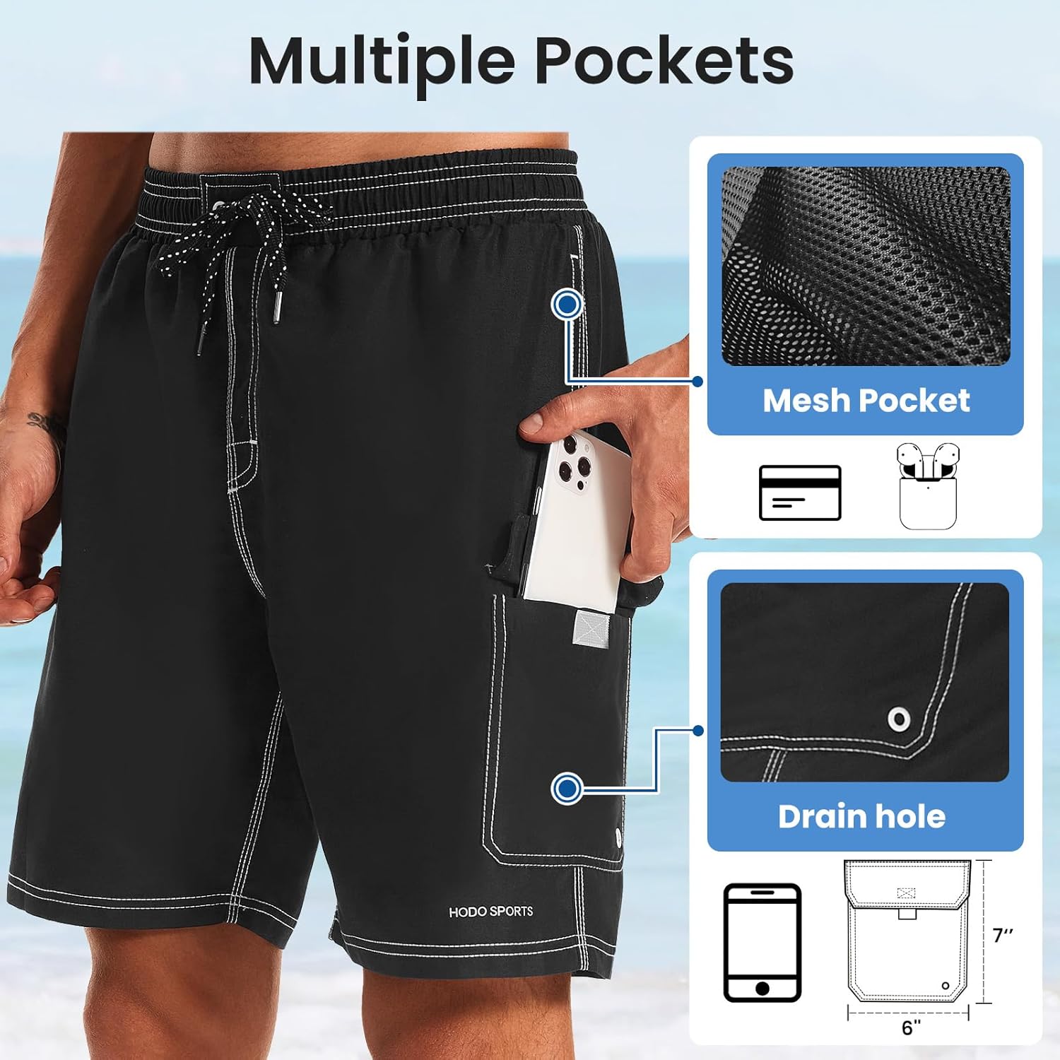 HODOSPORTS Mens Swim Trunks with Compression Liner 9 inch Bathing Suit Quick-Dry Swim Shorts Cargo Pockets S-4XL - Image 4