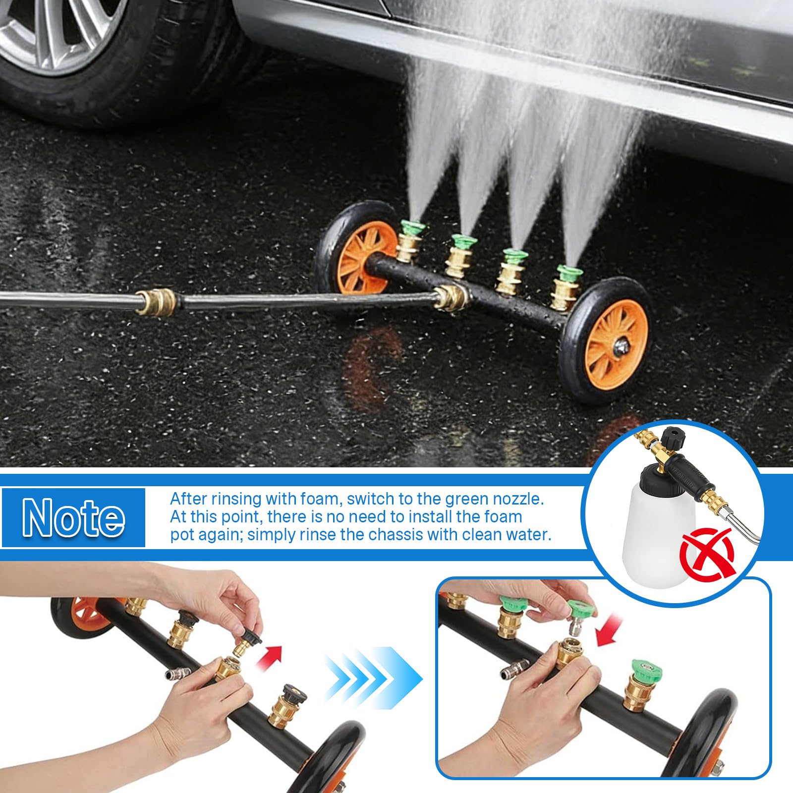 Idropulitrice ad Alta Pressione per Sottoscocca Auto, per Vialetti, Cortili | Idropulitrice 2 in 1 per Sottoscocca con Flacone Spray in Schiuma, 3 Prolunghe e Attacco Rapido da 1/4"
