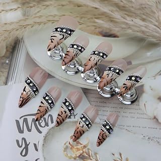 Handmade Press on Nails Medium Stiletto Fake Nails Designs Leopard Print Rhinestones Glue on Nail Luxury Reusable False Nail Press ons Muti-Layer Gel Acrylic Handmade Nails for Wome Manicure(Size M)