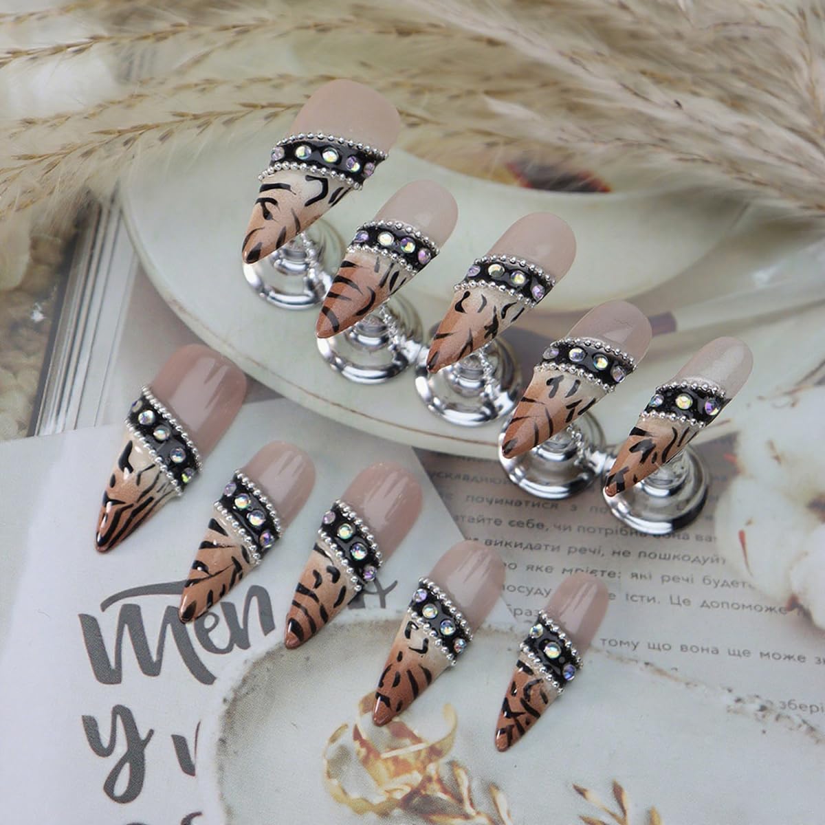 Press on Nails Blue Ombre Medium Almond 3D Fake Nails Reusable Luxury Handmade False Nails with Design Solid Chrome,Press ons Muti-Layer Gel Acrylic Handmade Nails for Wome Manicure(Size S)