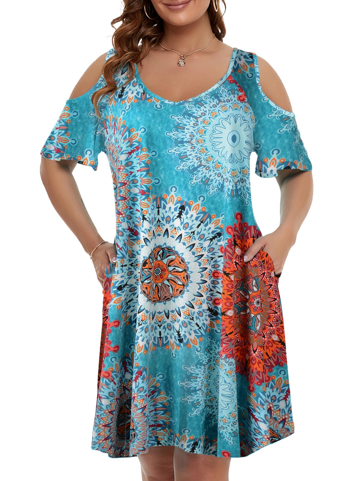 JollieLovin Womens Plus Size Short Sleeve Cold Shoulder V Neck T-Shirt Dress with Pockets