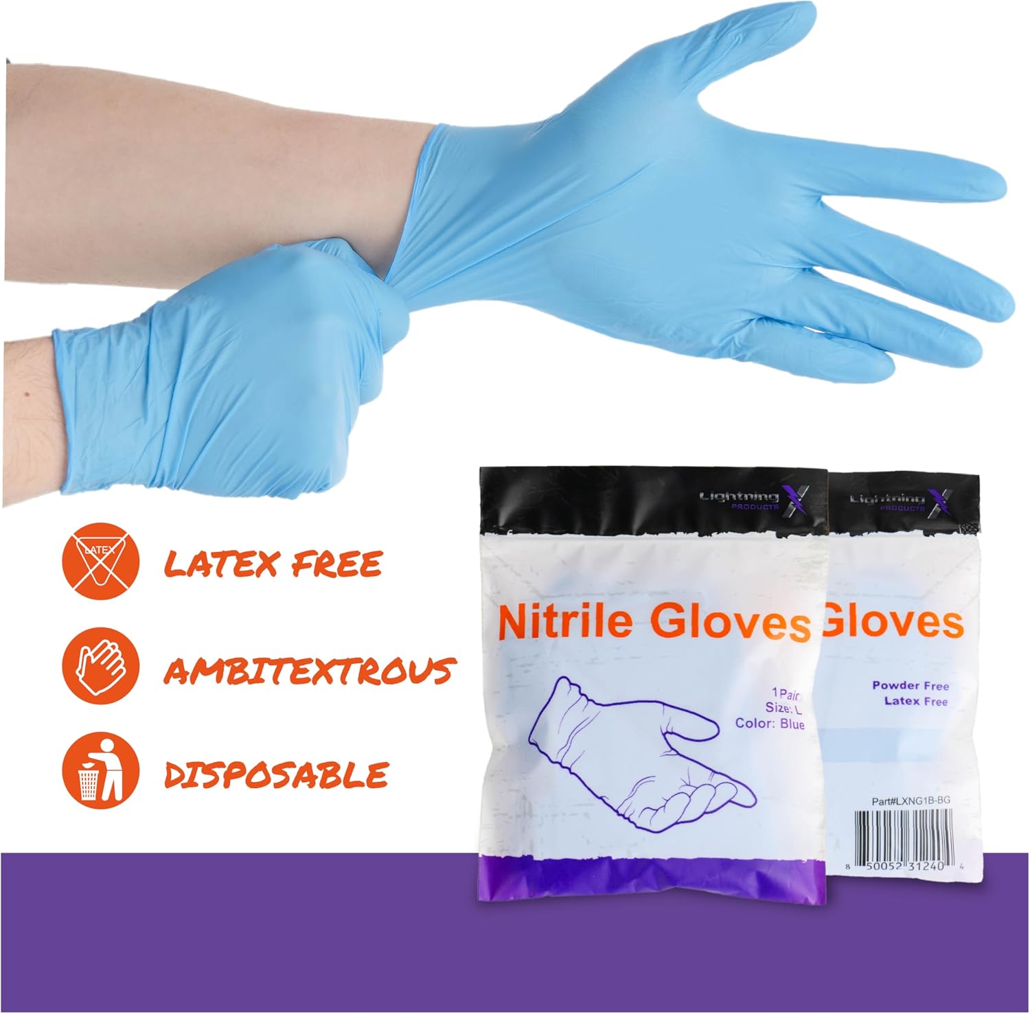 Lightning X Nitrile Exam Glove Pairs | Individually Packed | 50 Gloves | 25 Pairs | Resealable Zip Bag - Large (Fits Most)