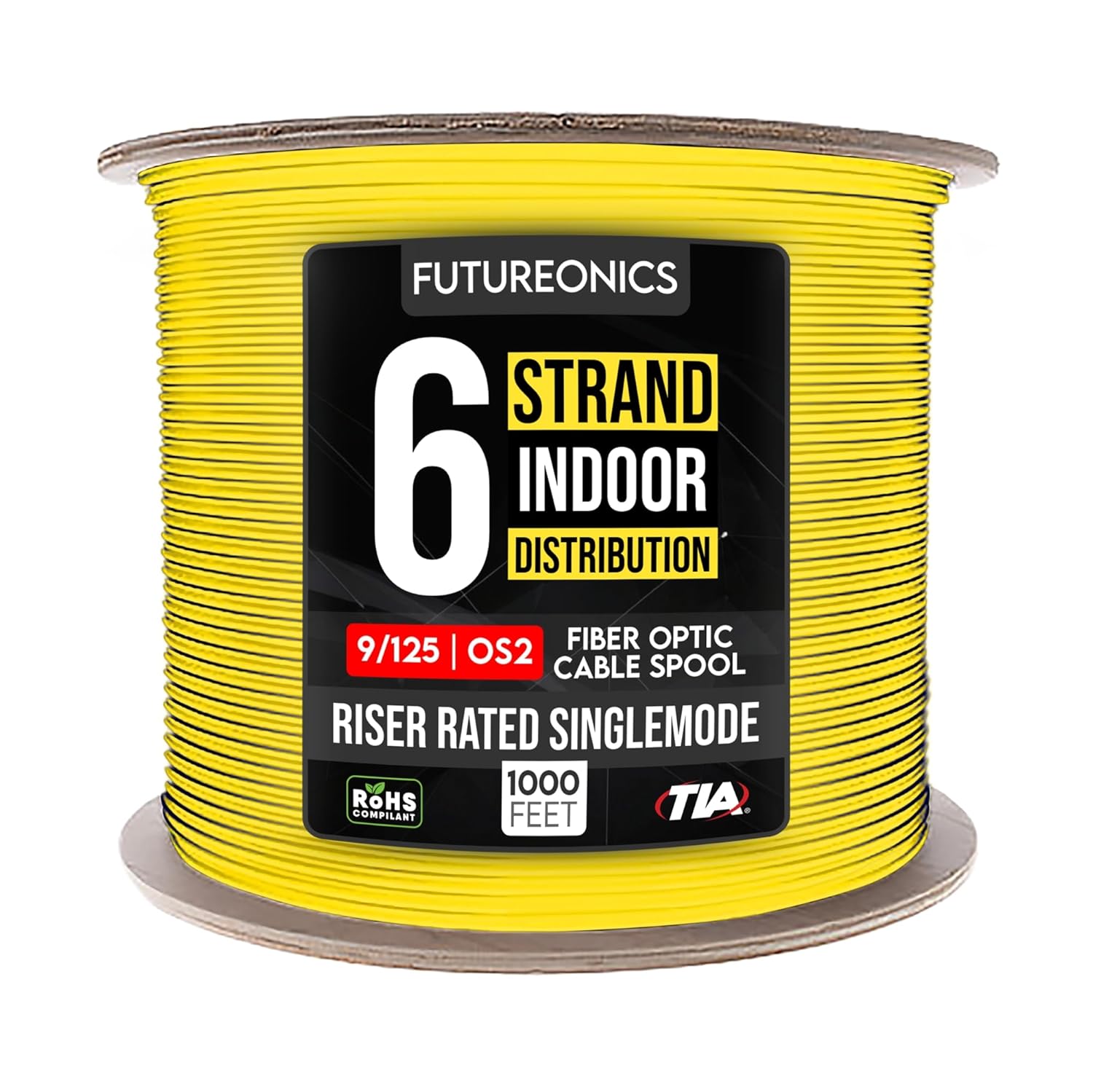 6 Strand Indoor Distribution Fiber Optic Cable, OS2 9/125 Singlemode, Corning, Yellow, Riser Rated, Spool, 1000 Feet