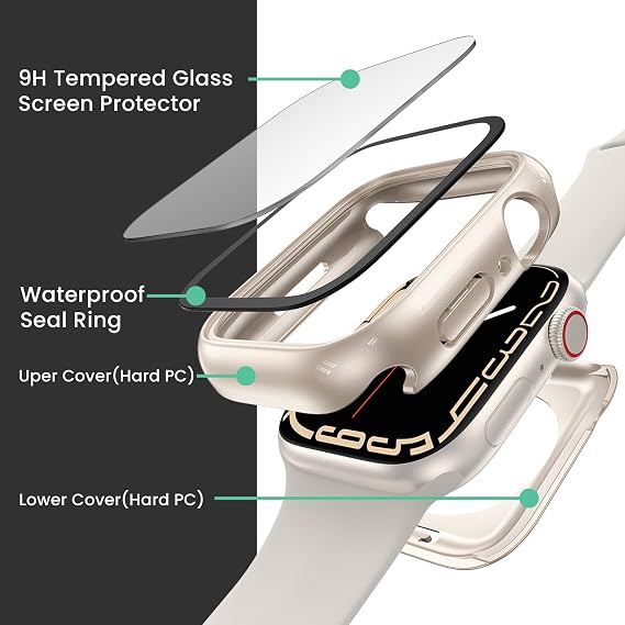 3 in 1 Goton Waterproof Hard Case for Apple Watch Screen Protector 40mm, 360 Slim Full Protective Tempered Glass Face Cover + Back Hard PC Bumper for iWatch SE 3/SE 2/SE, Series 6/5/4,40mm Starlight