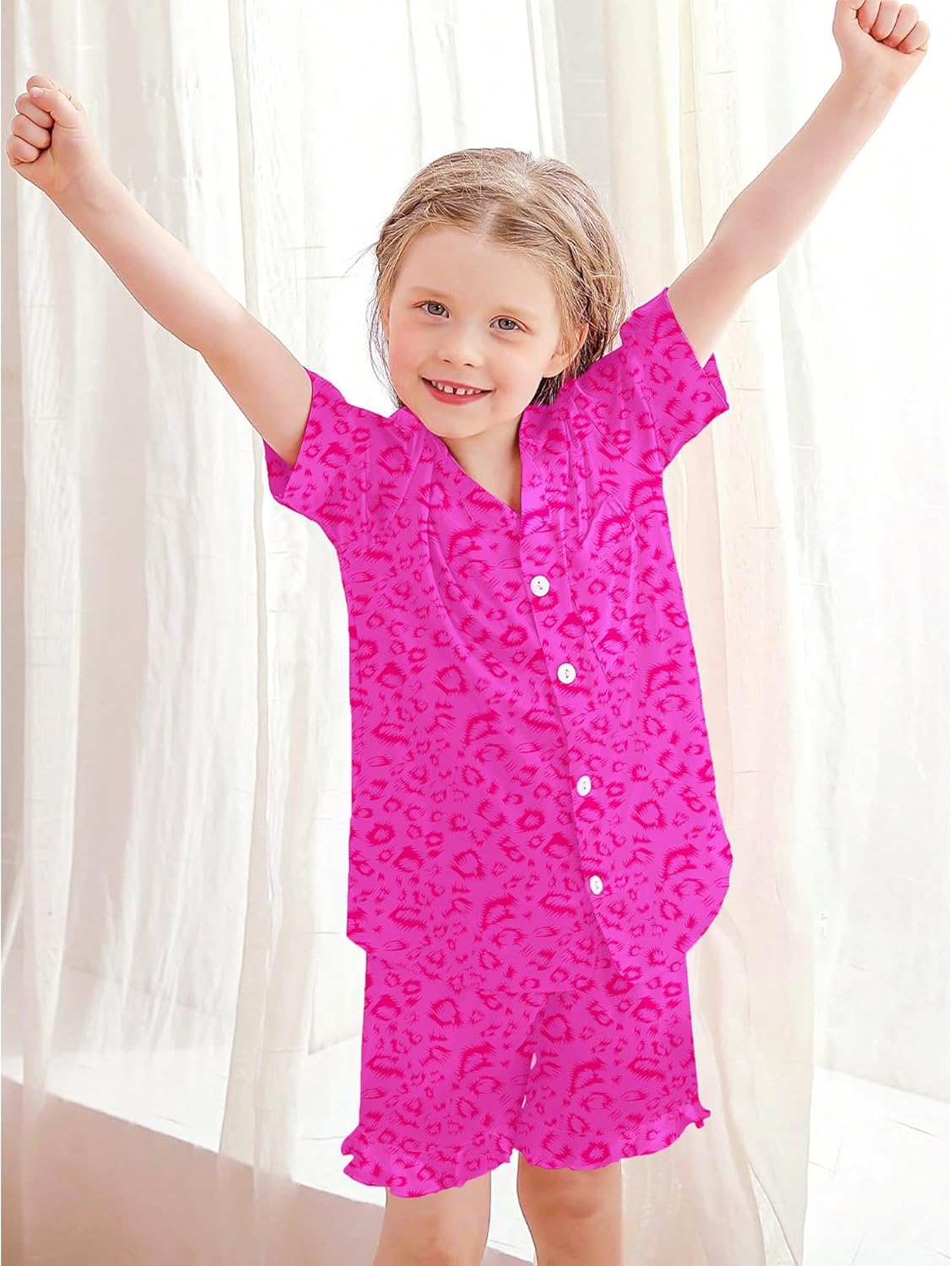 SWOMOG Girls Pajamas Silk Satin Pajama Set Short Sleeve Button Down Sleepwear Soft Cute PJs with Ruffle Shorts Loungewear - Image 4