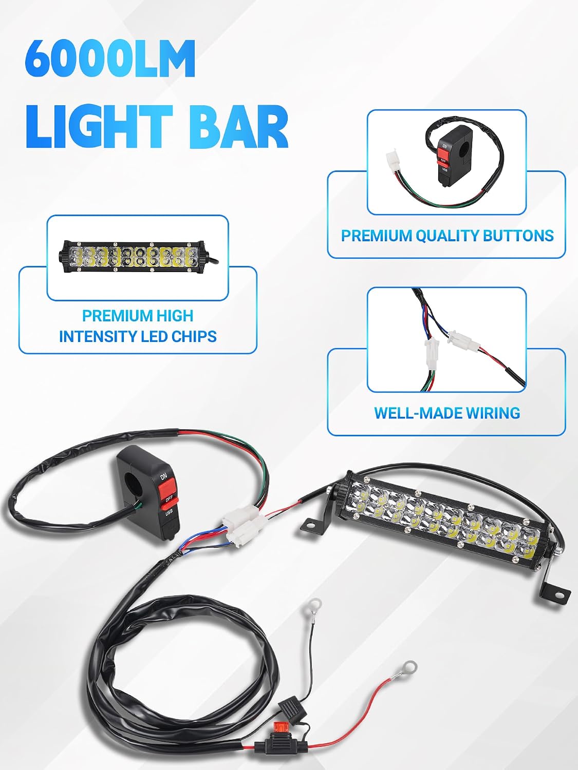 Dirt Bike Light Bar 60W 6000LM for KLX110 CRF110 TTR110 YZ250F, LED Headlight Bar for Most 7/8” Handlebars