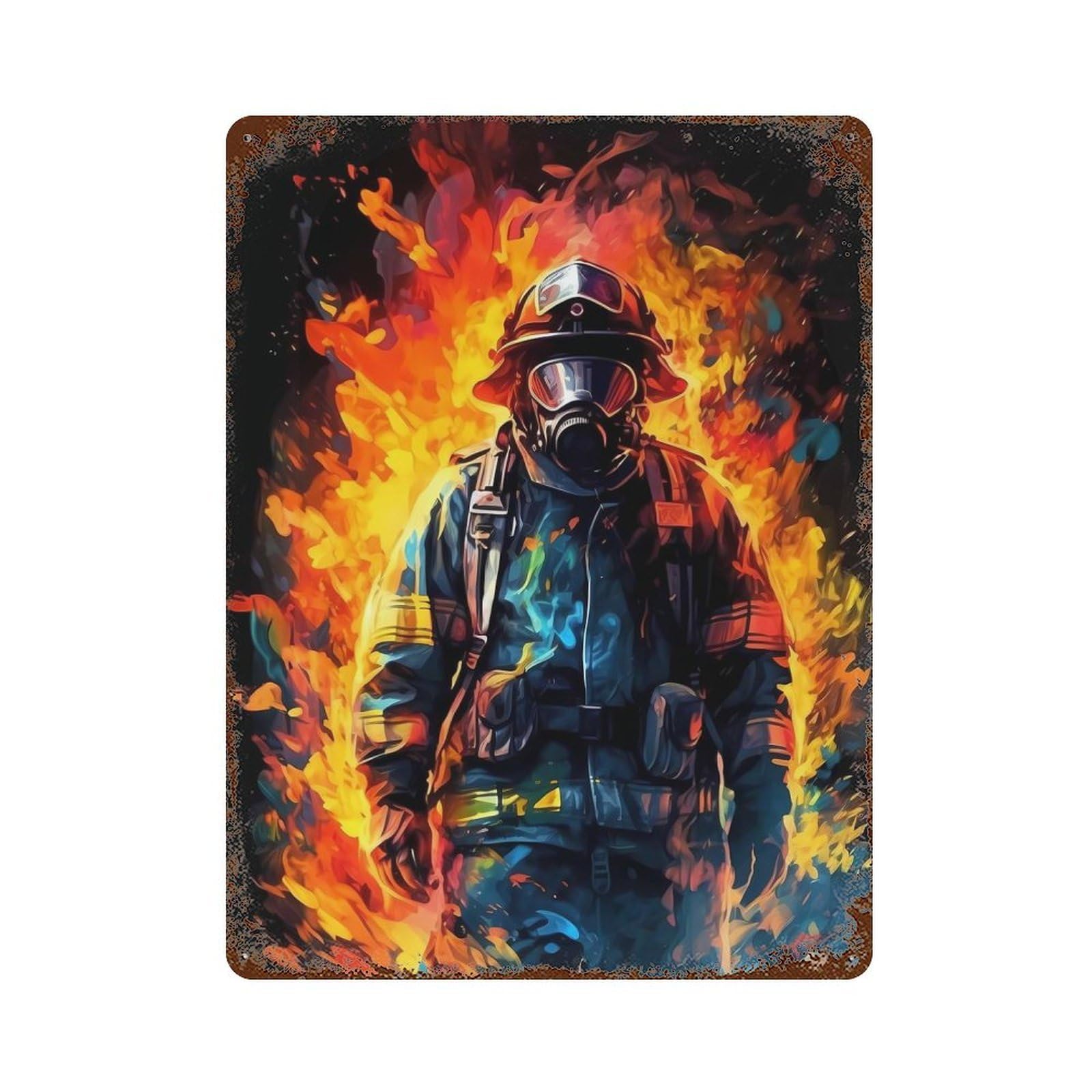 Firefighter Artwork Vintage Wall Sign 15.7"x11.8", Rust Effect Metal Decor for Office, Studio And Wall Decor