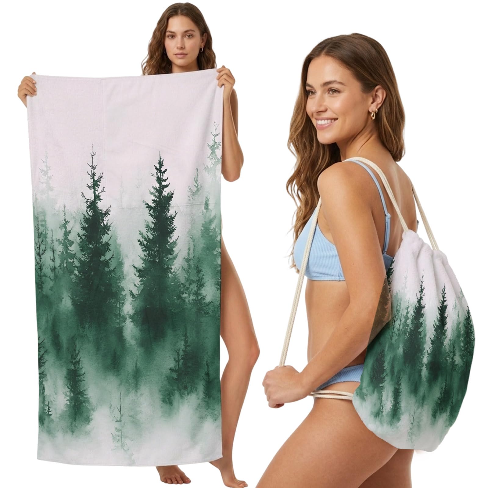 FWJZDSP Beach Towel Backpack Convertible Watercolor Green Sand Free Quick Dry Towel Bag Trees Beach Towel with Adjustable Straps for Travel Swimming Pool Beach Accessories 31.5x63in