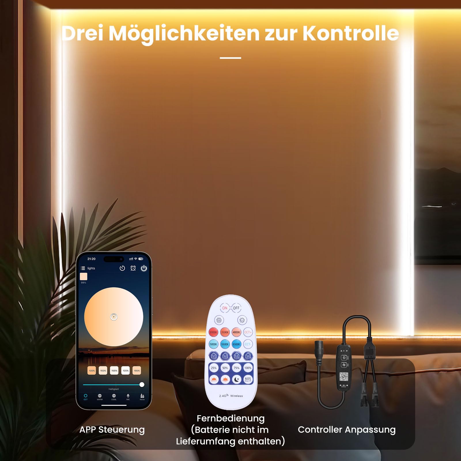 20M(2*10m) COB LED Streifen, 3000K-6500K Dimmbare Warmweiß bis Kaltweiß Ultrahelle COB Strip, Unterbauleuchte küche led mit Fernbedienung & Smart BT App Steuerung LED Band für Schlafzimmer, Wohnzimmer