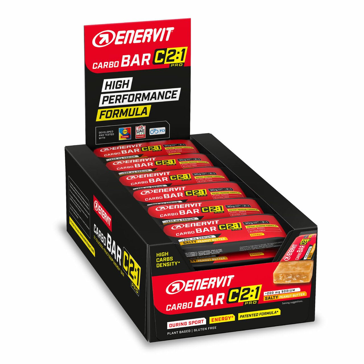 Enervit Carbo Bar C2:1PRO Salty Peanut Butter, Barrita Energética, 30g Carbohidratos, Manteca de Cacahuete, Deportes de Resistencia,+50% Carbohidratos Absorbidos, Sin Gluten, Vegan, 30 Barritas de 45g