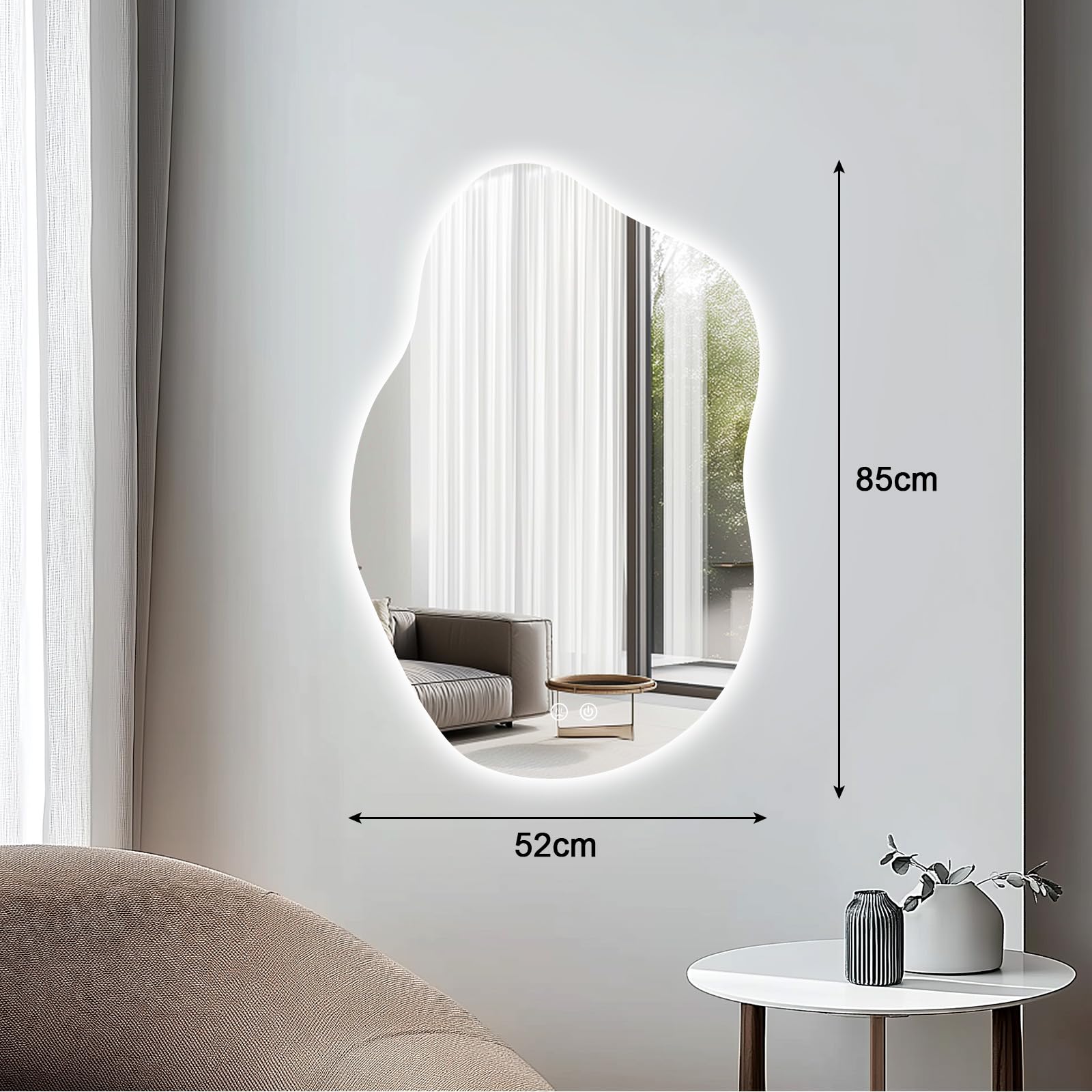 ColdShine LED Badspiegel Asymmetrisch mit Beleuchtung Wandspiegel 80 * 55cm | 3 Lichtfarben, Dimmbar, Anti-Beschlag, Moderner Silber fürs Badezimmer mit Touch-Sensor