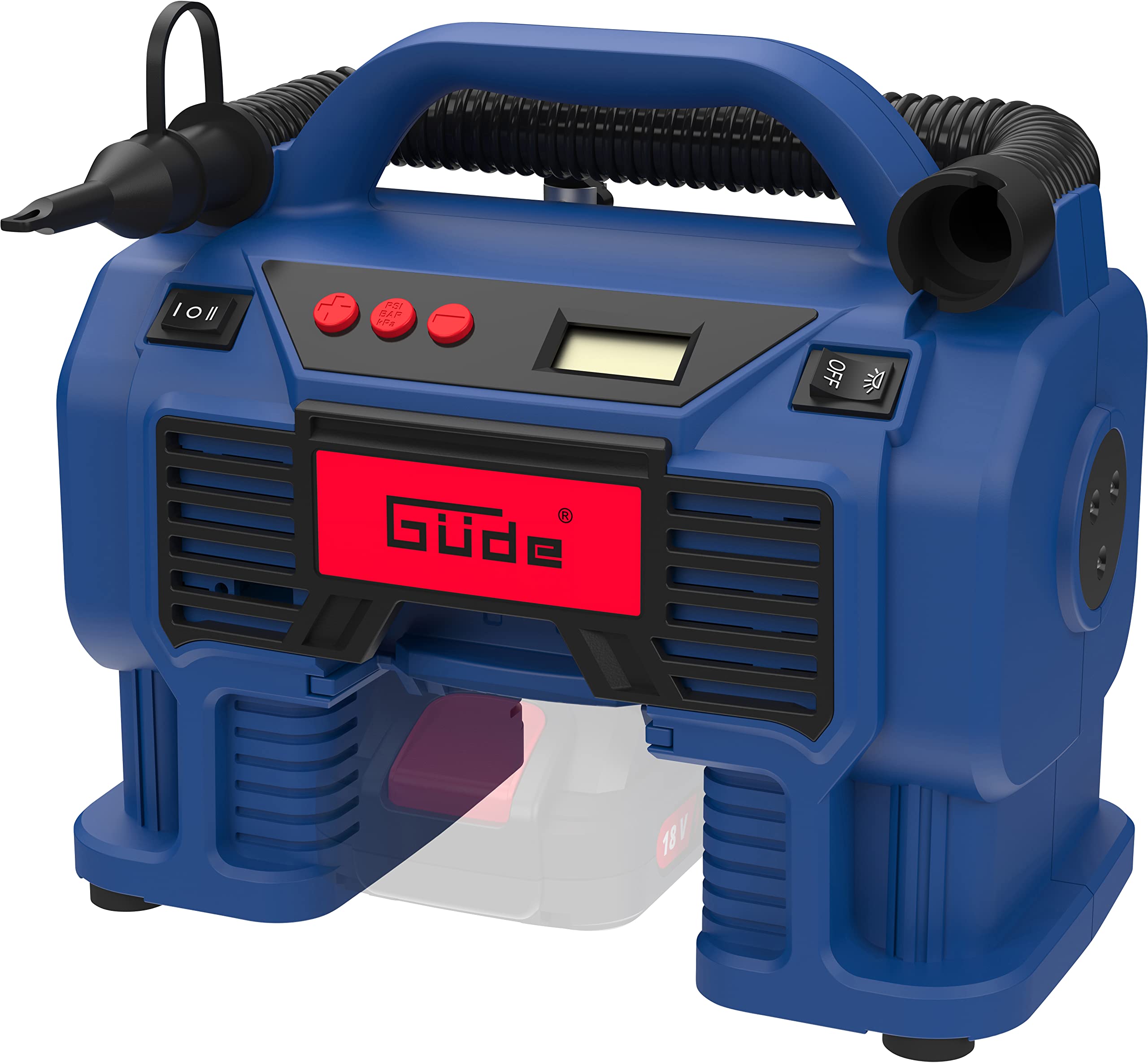 Güde Akku Kompressor K 18-0 (18V oder Zigarettenanzünder, max. Druck: 11 bar, eff. Liefermenge 0 bar: 10 l/min, Luftvolumenstrom: 22 m³/h, LED-Arbeitsscheinwerfer, ohne Akkupack und Ladegerät)