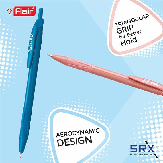 FLAIR Srx 0.7mm Retractable Ball Pen Wallet Pack | Triangular Body Design For Better Grip | Light Weight Refillable | Smooth Writing Experience | Vibrant Solid Body Colours | Blue Ink, Set of 10 Pens