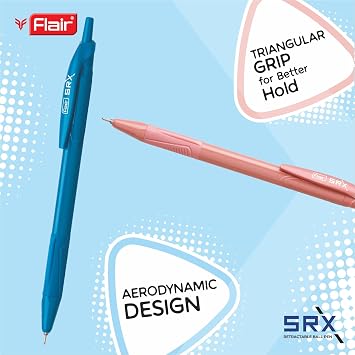 FLAIR Srx 0.7mm Retractable Ball Pen Wallet Pack | Triangular Body Design For Better Grip | Light Weight Refillable | Smooth Writing Experience | Vibrant Solid Body Colours | Blue Ink, Set of 10 Pens