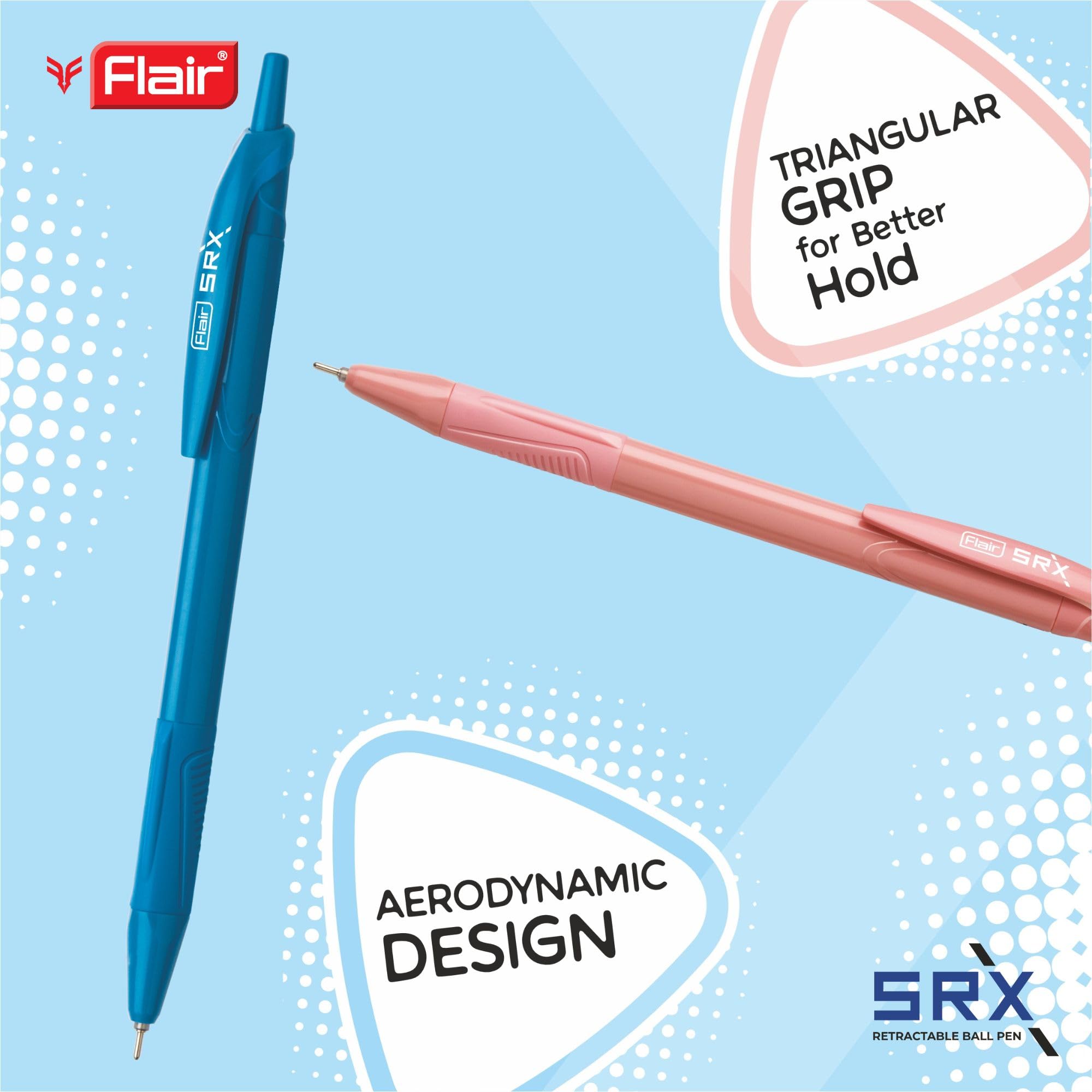 Flair Srx 0.7mm Retractable Ball Pen Blister Pack | Triangular Body Design For Better Grip | Light Weight Refillable | Smooth Writing Experience | Vibrant Solid Body Colours | Blue Ink, Pack of 10 Pen 1