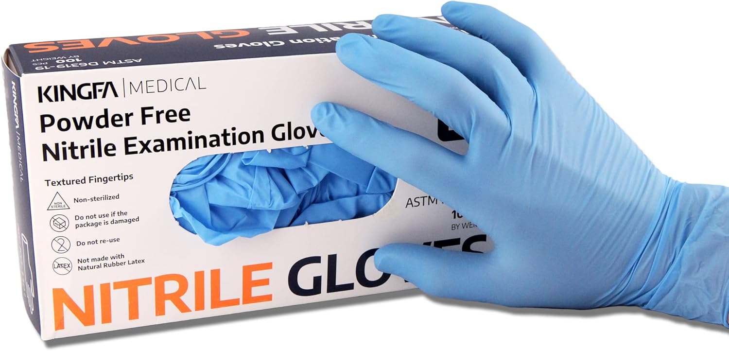 Kingfa Nitrile Medical Exam Gloves - 510(k), Powder Free, Latex Free, 4 mil Thickness, Blue (Case of 1,000) (Large)