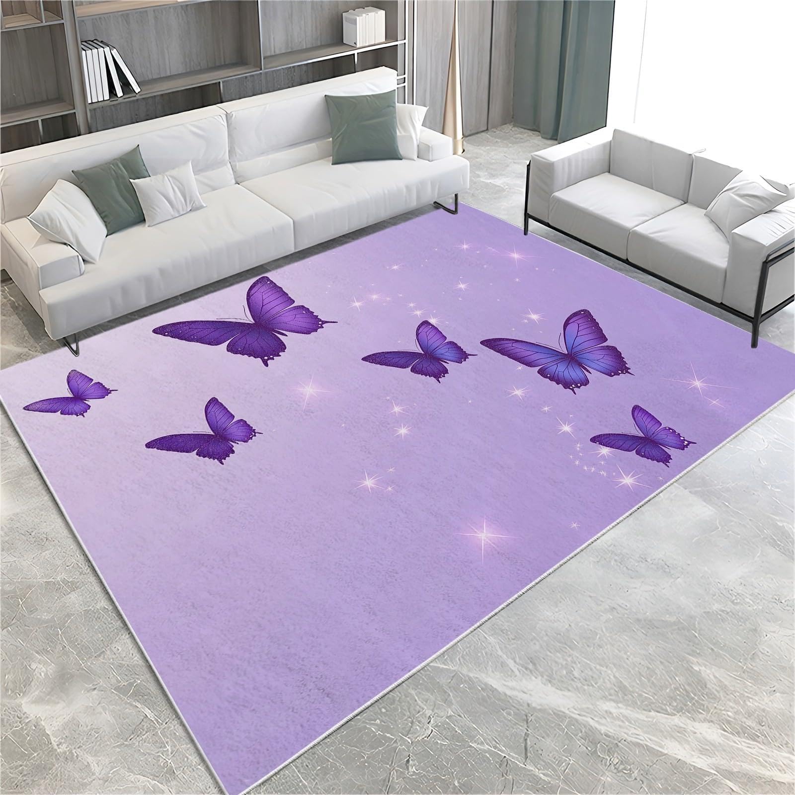 Alfombra Antideslizante Mariposa Morada Alfombra Habitación Infantil, Moderna Alfombra Lavable, Suave Alfombras de Pelo Corto para Salón, Dormitorio de Niña 100 x 200 cm