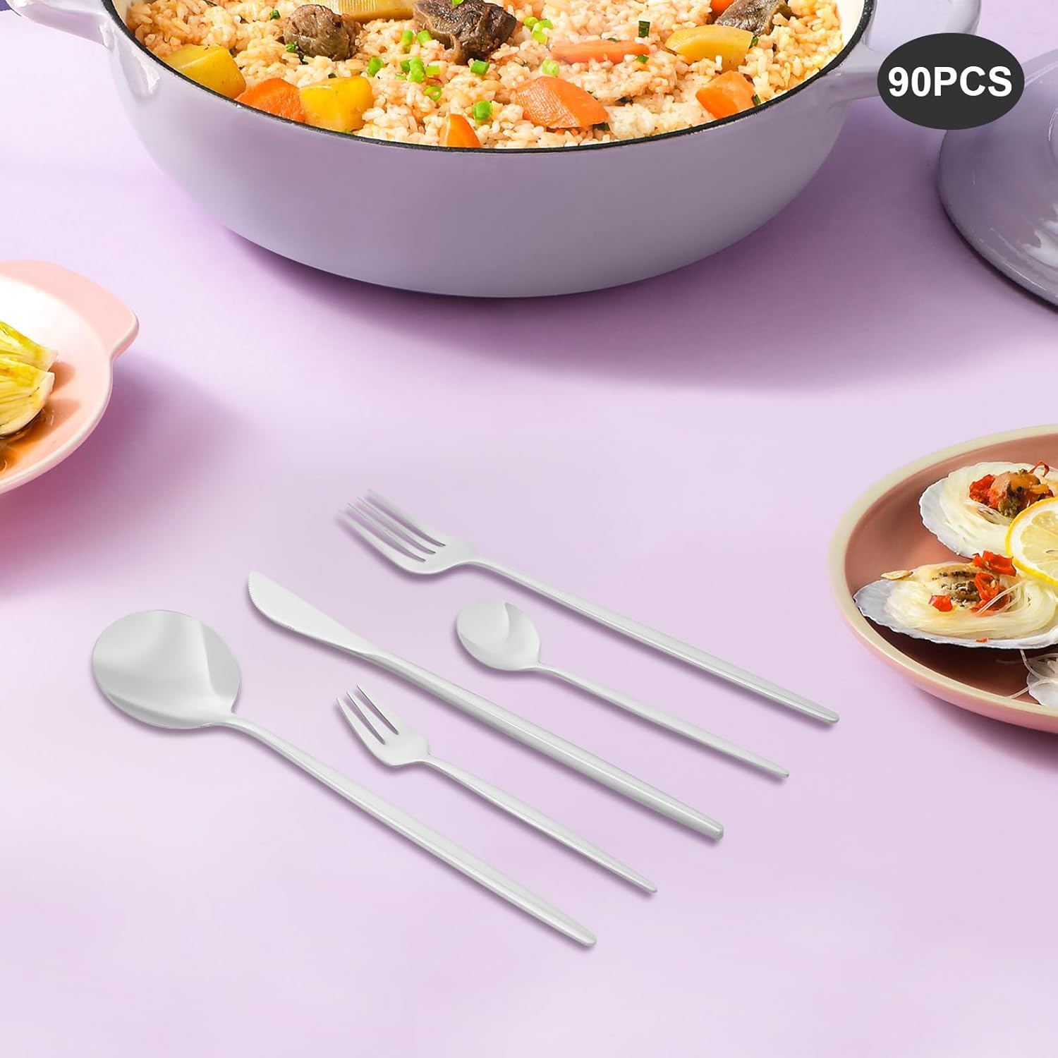 90 Piece Silverware Set, Stainless Steel Flatware Set for Food Grade Novelty Flatware Cutlery Utensil Set Include Knife Fork Spoon Mirror Polished Dishwasher Safe