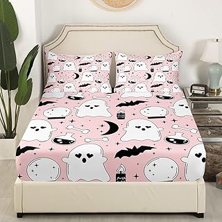 White Ghost Fitted Sheet,Full Size Black Bats Collections Halloween Theme,Soft Decorative Fabric Bedding Deep Pocket for Children Teens Young Boys Girls,with 2 Pillowcases