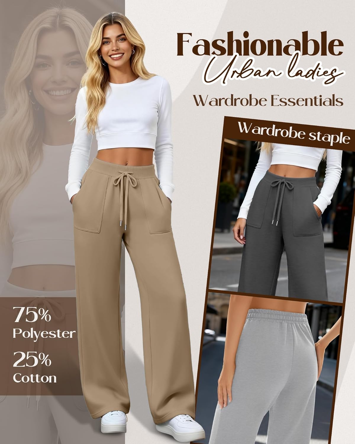 3 Pack Women's Wide Leg Sweatpants Baggy Workout High Waist Drawstring Jogger Casual Yoga Pants with Pocket - Image 2