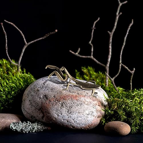 Miniatura 5 de Kichvoe Estatua de Mantis de metal dorado de latón rezando con estatua de animales de jardín de hadas, escultura, micro paisaje, ornamentos de