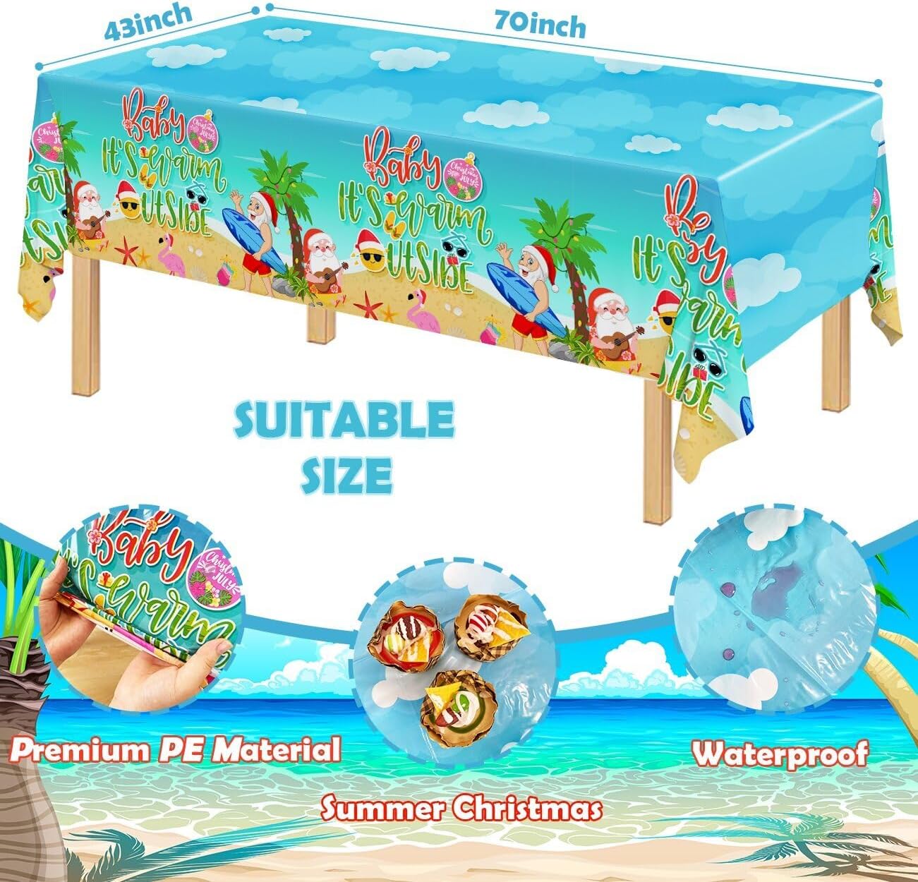 Christmas in July Decorations, 3 Pack Summer Tablecloth Baby It’s Warm Outside Table Covers for Summer Beach Party Disposable Waterproof Plastic Hawaii Theme Supplies