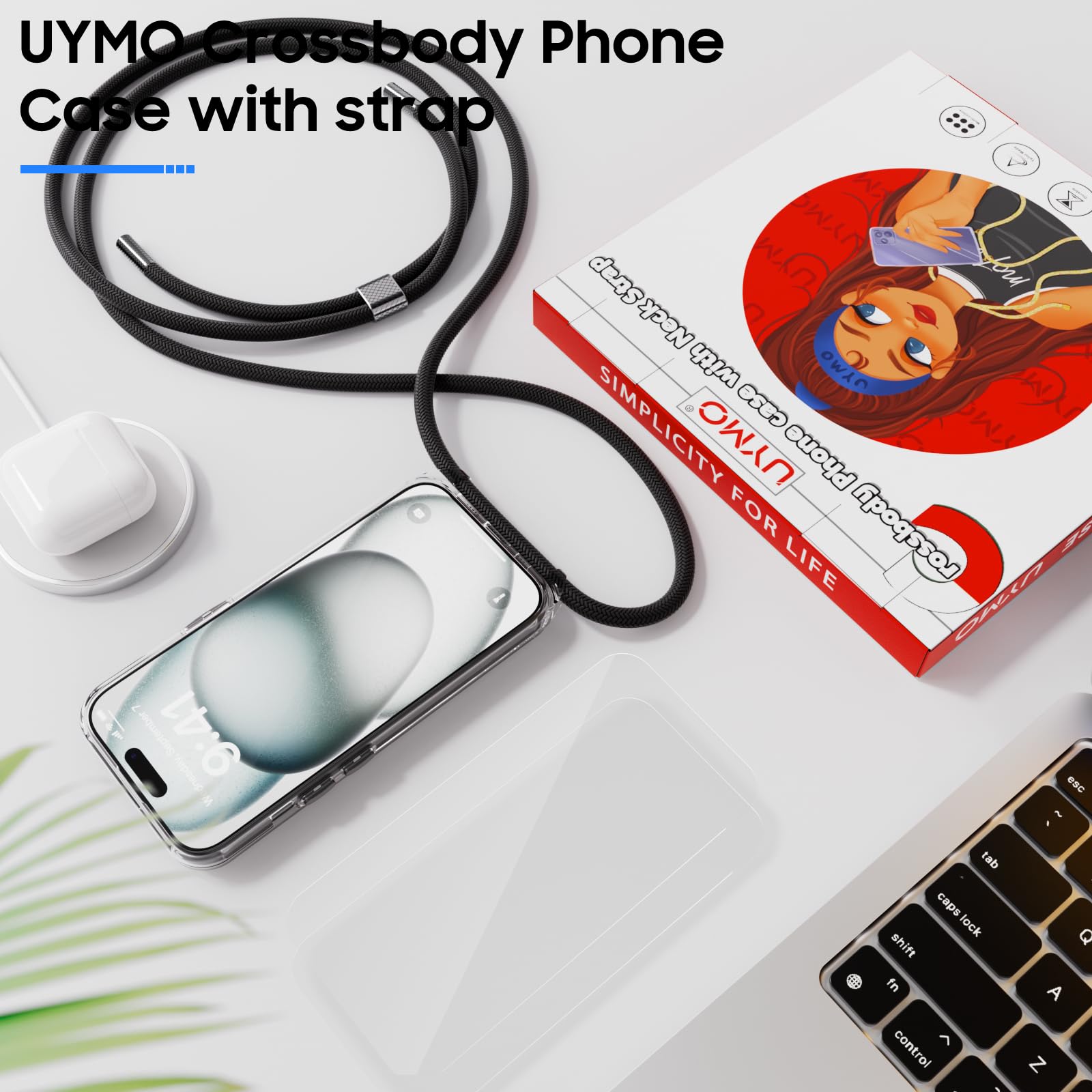 Rosyhulle Cover Compatibile con iPhone 15 con Cordino, Trasparente Custodia per iPhone 15 con Collana Laccio Tracolla, Ultra Sottile Morbido Silicone TPU Antiurto AntiGraffio Protettiva Case, Nero