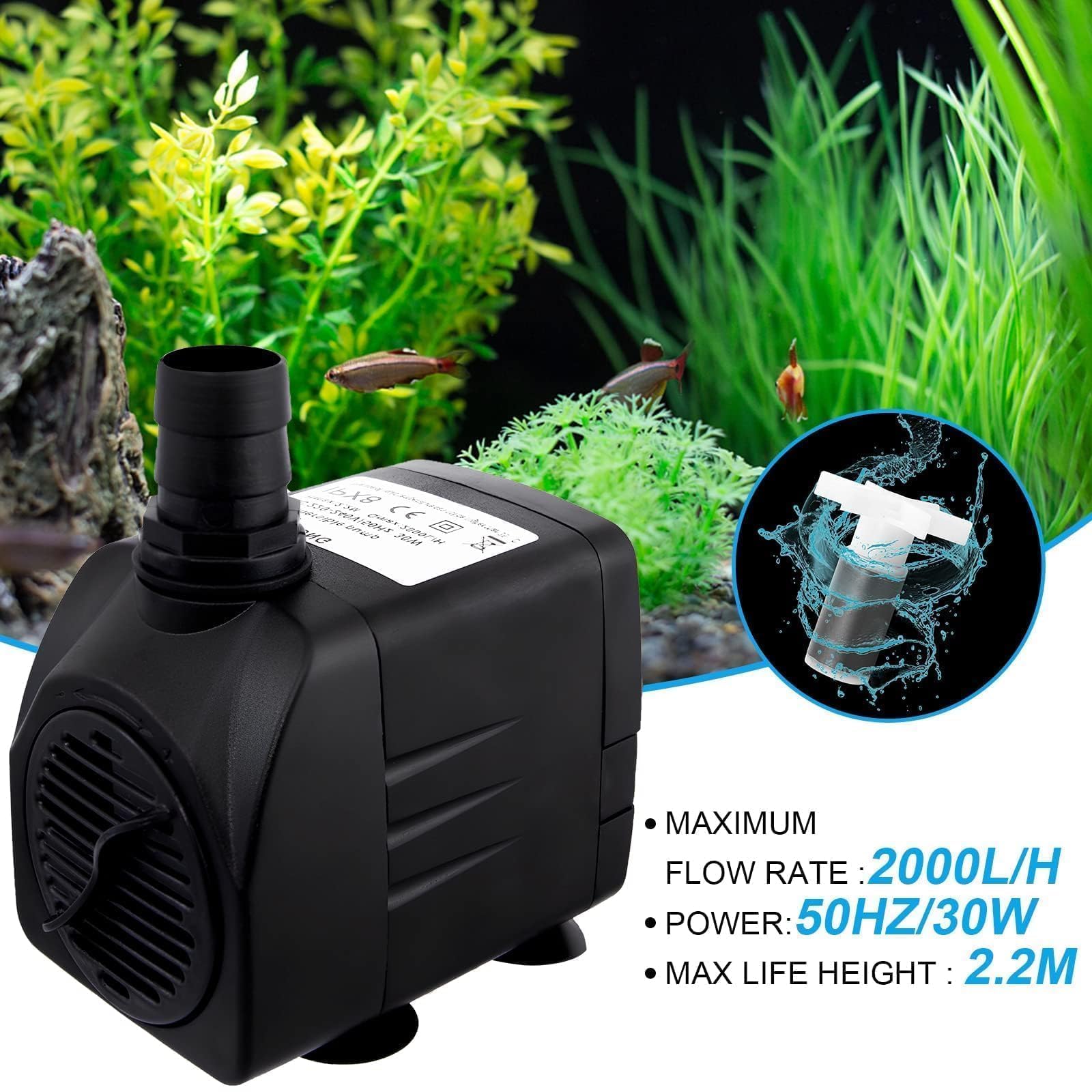 Pompa dell'acqua a immersione, 30 W, 2000 l/h, ultra silenziosa, per laghetto, fontana, acquario, giardino, fontana per esterni, per fontane, sistemi idroponici