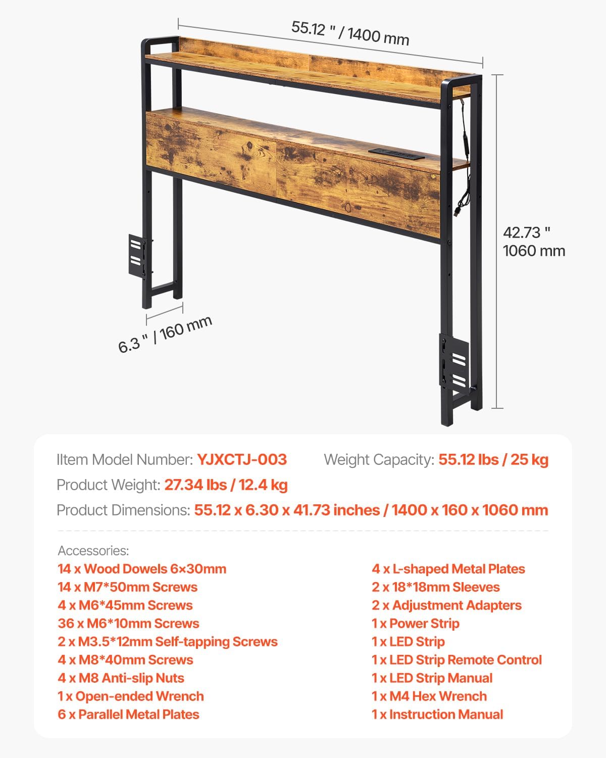 VEVOR Headboard for Full Size Bed, Adjustable Height Headboard with 2 Shelves Storage, Freestanding Head Board with Charging Station and LED Light for Different Bed Frames, Easy Assembly, Brown