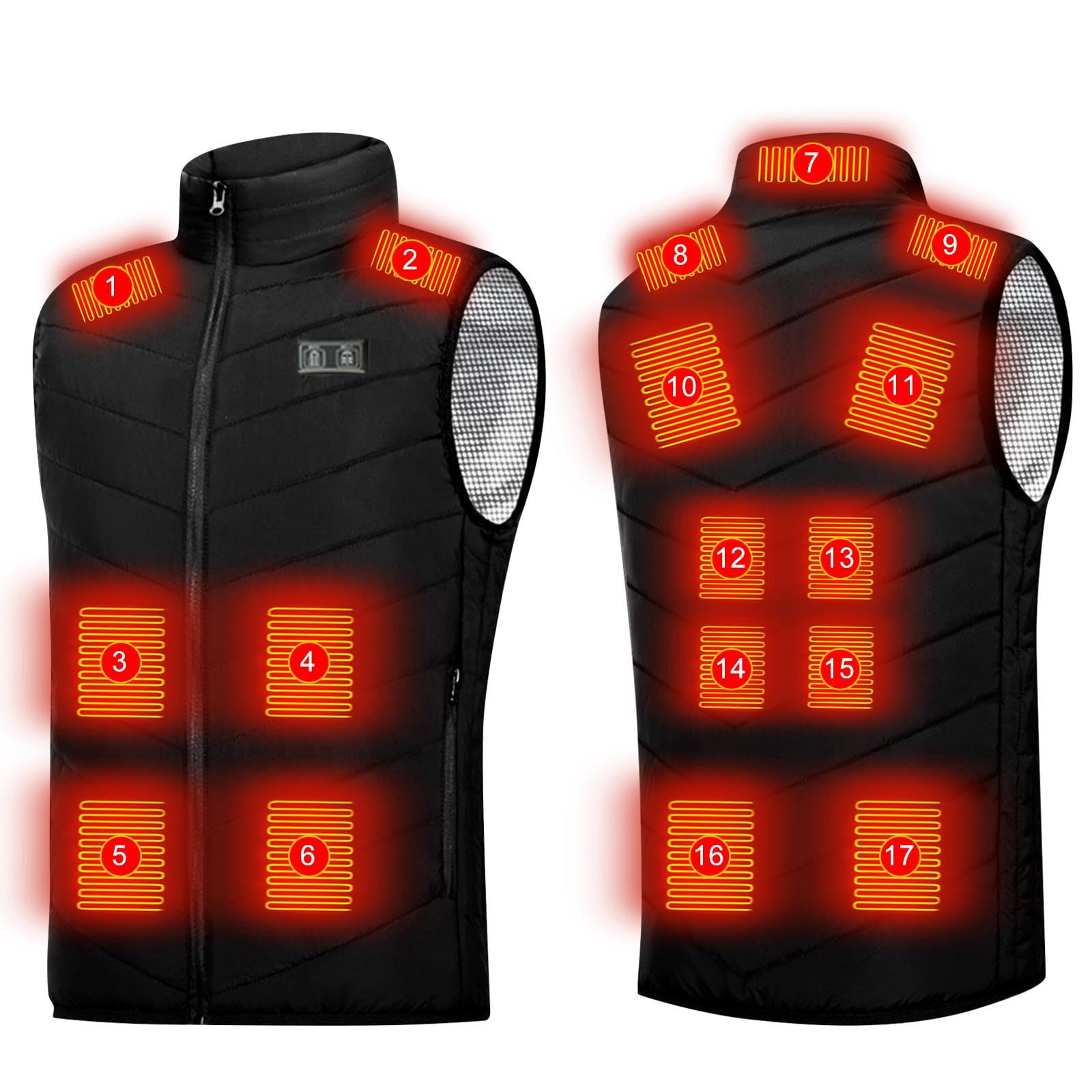 Gilet chauffant pour homme et femme, veste chauffante pour le corps, 17 zones de chauffage, veste chauffante avec 3 températures réglables, gilet chauffant rechargeable par USB, coupe-vent chauffant