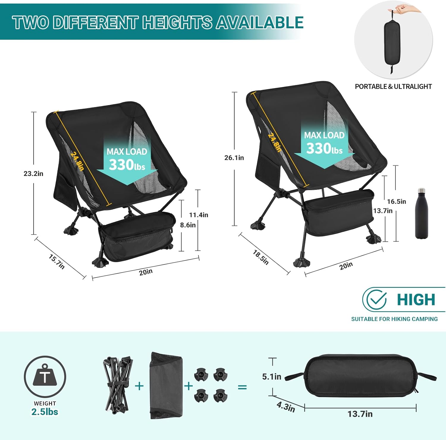ATEPA Backpacking Chair, Ultralight Folding Portable Small Camping Chairs for Adults Compact Foldable Beach Seat with Anti-Sinking Feet & Aluminum Frame for Outdoor Hiking Travel Fishing, 2 Pack Black