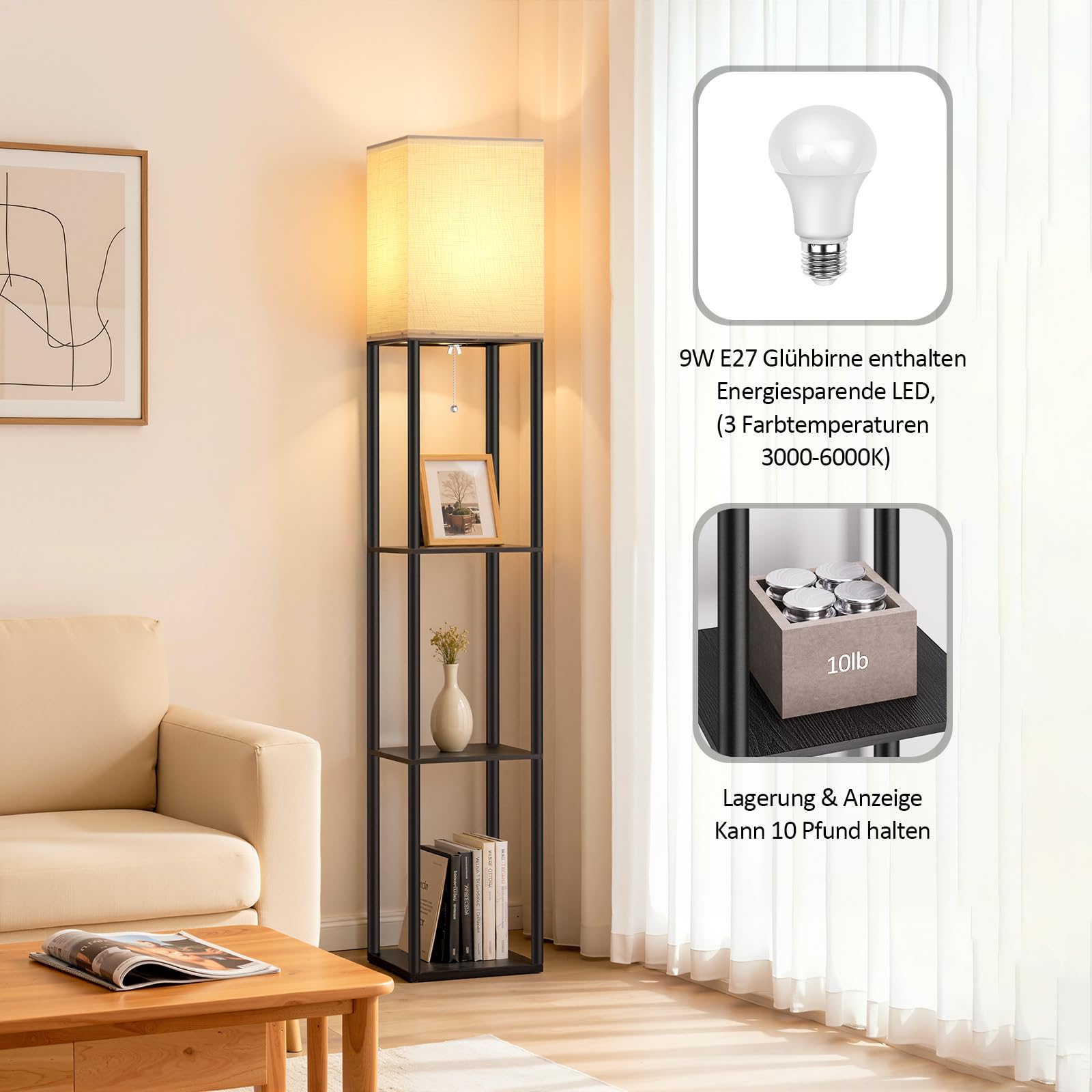 Stehlampe mit regal für Wohnzimmer Vintage Metall Stehlampe mit 3 Farbtemperaturen Floor Lamp mit weißen Leinen Schatten & Foot Switch Deckenfluter für Wohnzimmer Schlafzimmer und Büro Schwarz