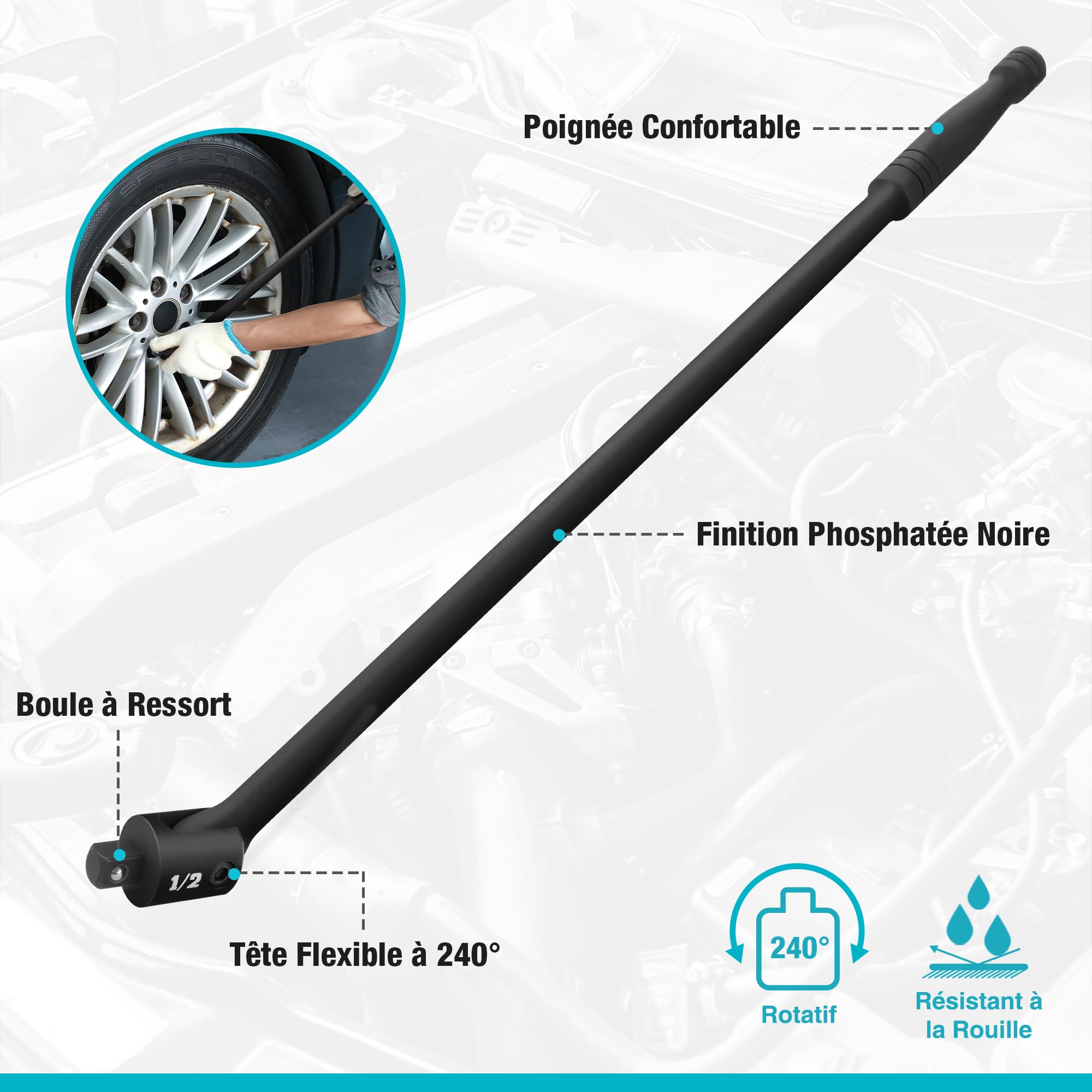 DURATECH Clé à Cliquet Articulée 1/2", Barre de Force de 600 mm Robuste, Clé de Force avec Tête Flexible 240°, Couple Maximal 780Nm, pour Réparations Auto et Atelier