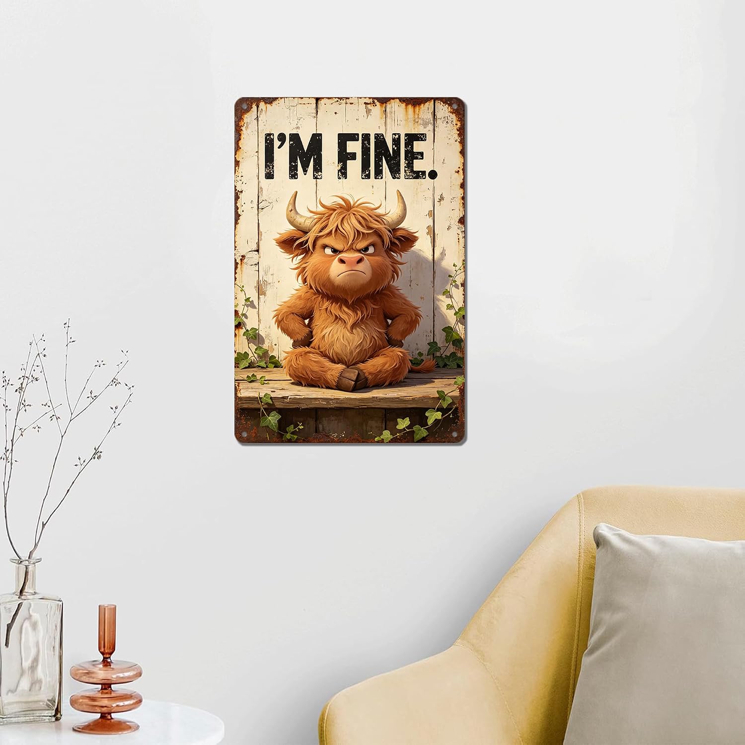 Grumpy Highland Cow with I'M FINE Funny Slogan Vintage Wall Art,Premium Solid Aluminum Metal Sign, Rustic Farmhouse Decor for Bathroom Bar Home, Multipurpose Novelty Wall Plaque Gift 8x12 Inch image 2